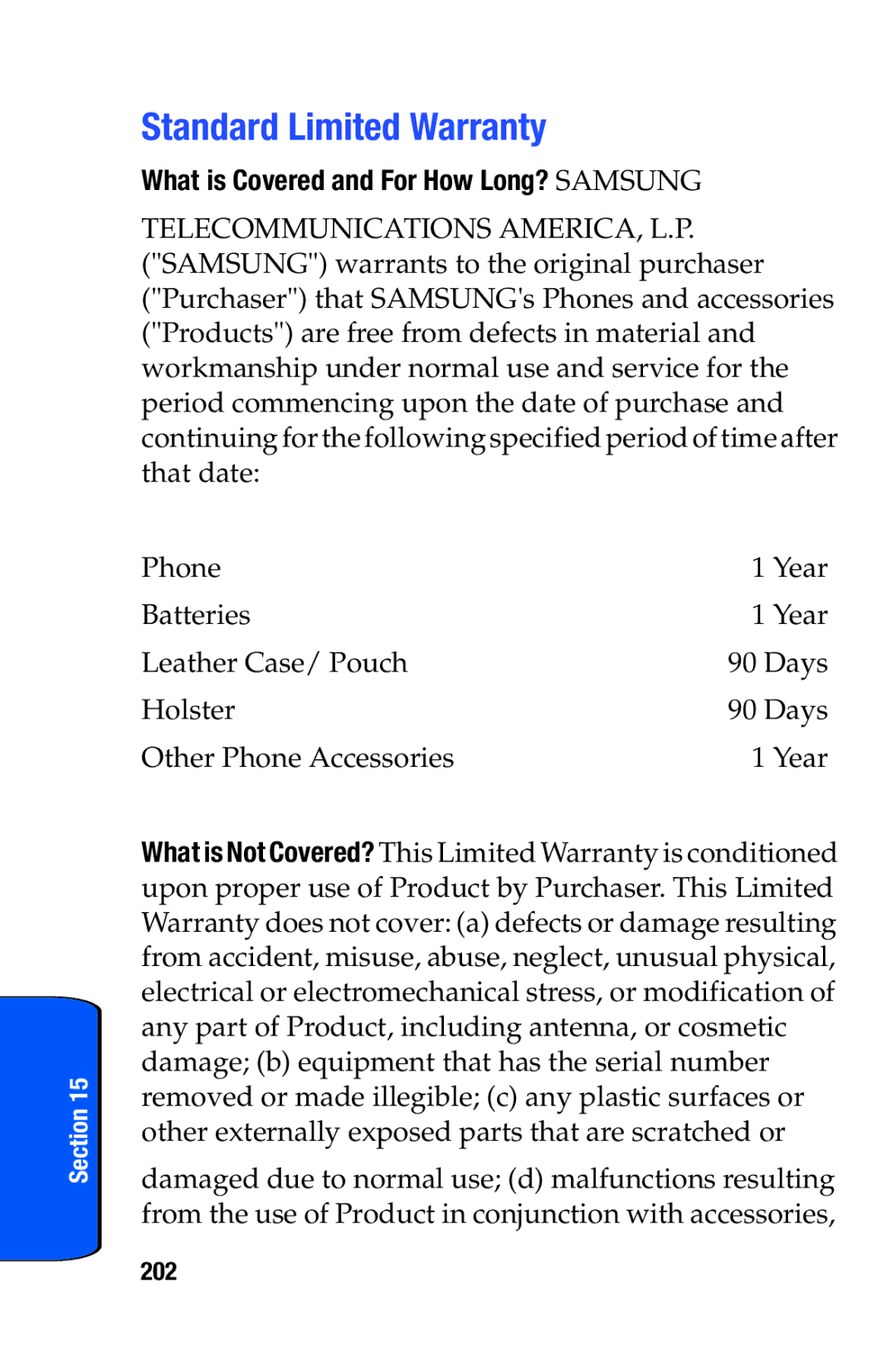 Samsung SCH-i730 manual Standard Limited Warranty, What is Covered and For How Long? Samsung, 202 