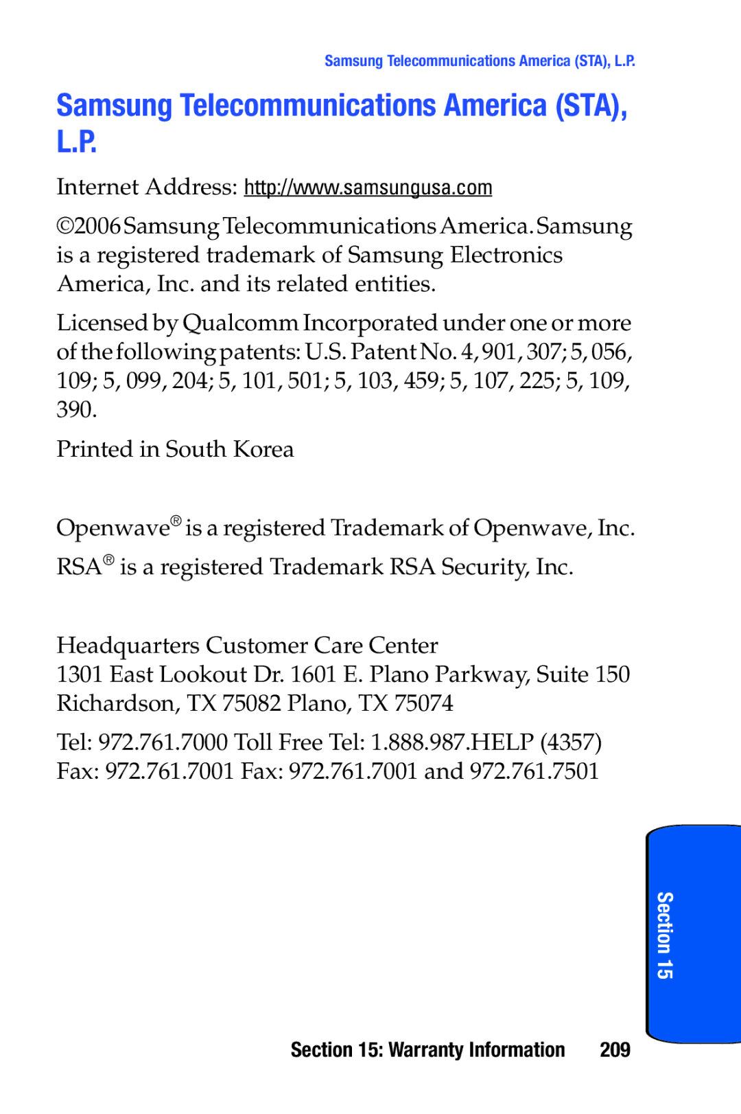 Samsung SCH-i730 manual Samsung Telecommunications America STA, L.P, 209 