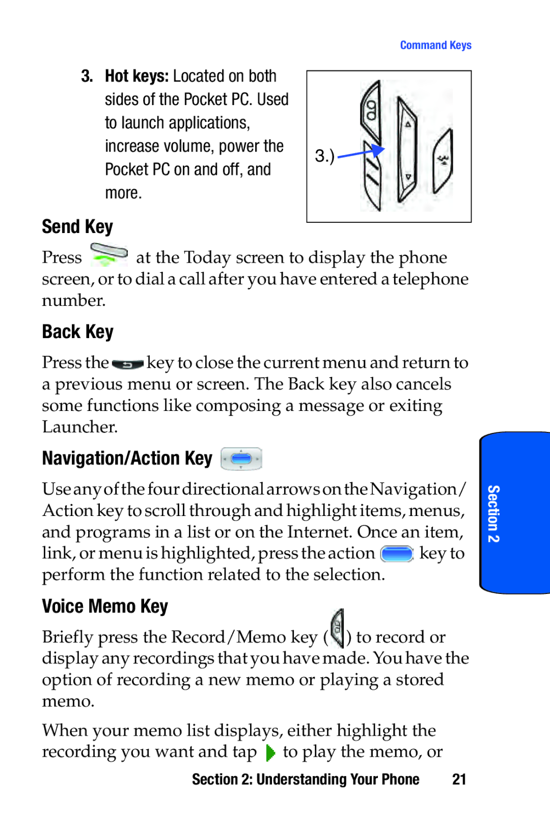 Samsung SCH-i730 manual Send Key, Back Key, Navigation/Action Key, Voice Memo Key 