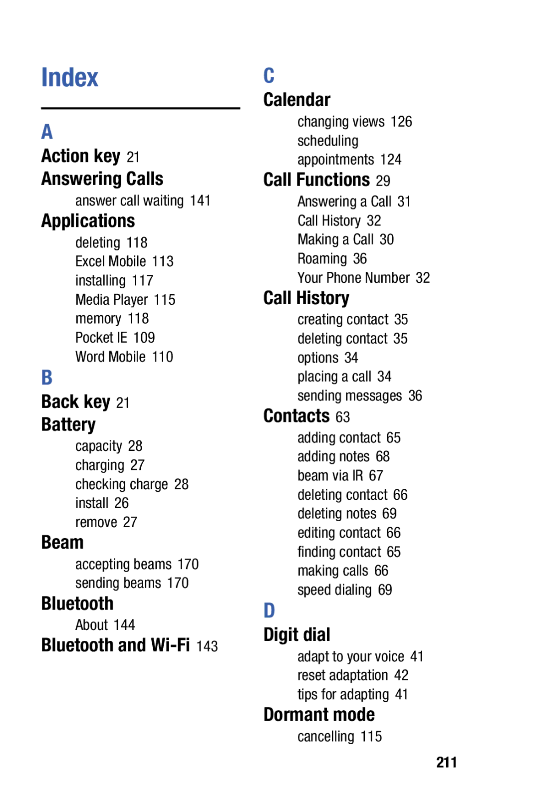 Samsung SCH-i730 manual Action key Answering Calls, Applications, Back key Battery, Beam, Bluetooth and Wi-Fi Calendar 