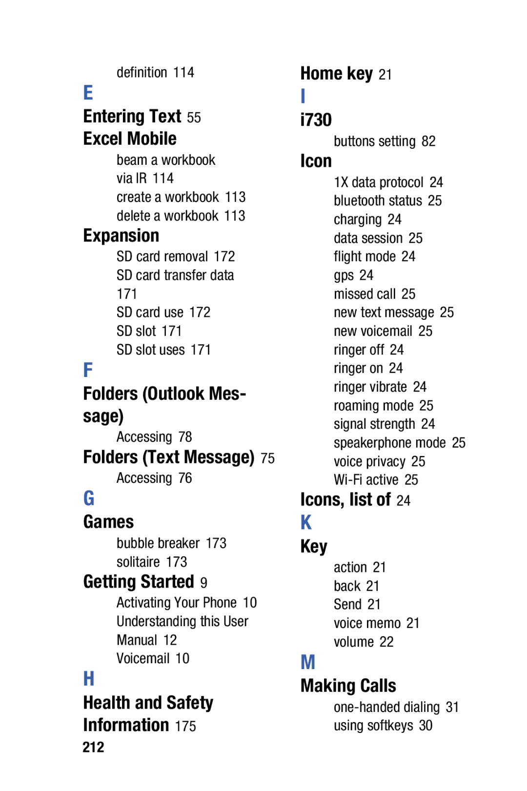 Samsung SCH-i730 Entering Text Excel Mobile, Expansion, Folders Outlook Mes- sage, Games, Health and Safety Information 