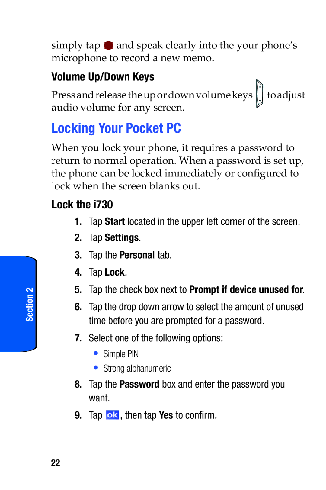 Samsung SCH-i730 manual Locking Your Pocket PC, Volume Up/Down Keys, Tap Settings 