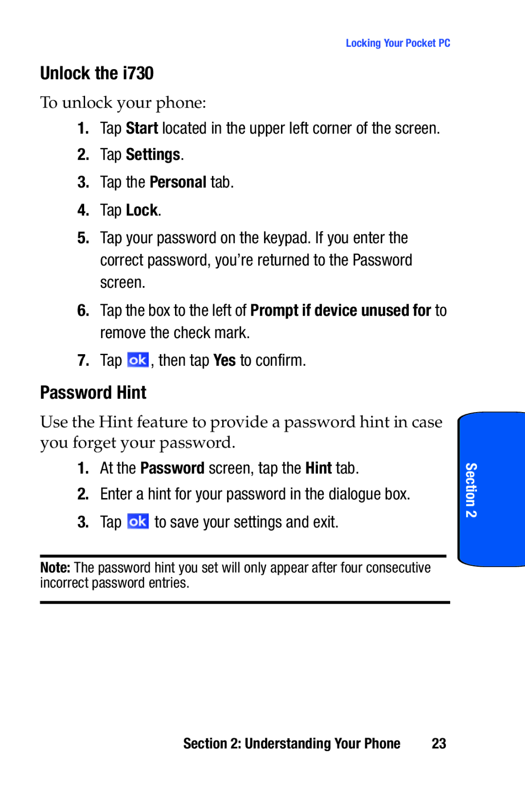 Samsung SCH-i730 manual Unlock, Password Hint, At the Password screen, tap the Hint tab, Tap to save your settings and exit 