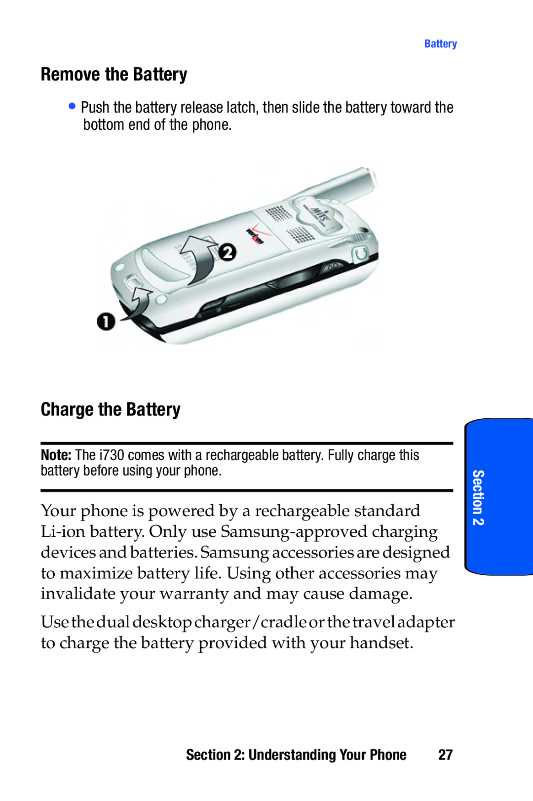 Samsung SCH-i730 manual Remove the Battery, Charge the Battery 