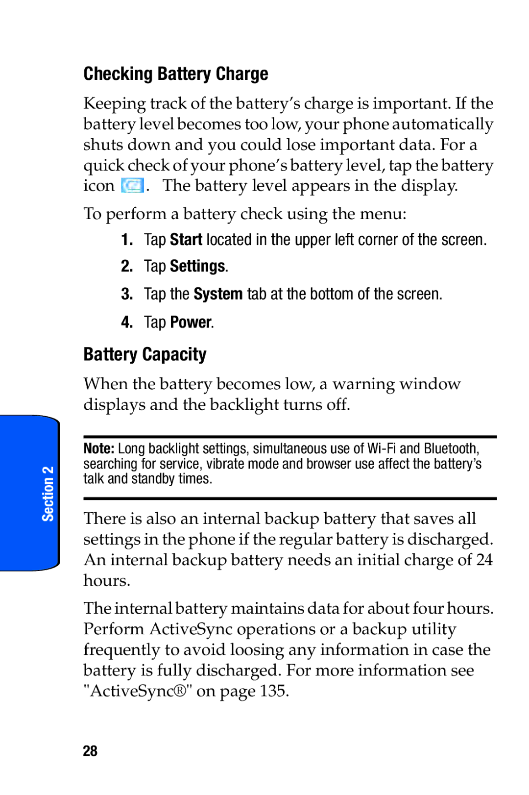 Samsung SCH-i730 manual Checking Battery Charge, Battery Capacity, Tap the System tab at the bottom of the screen Tap Power 