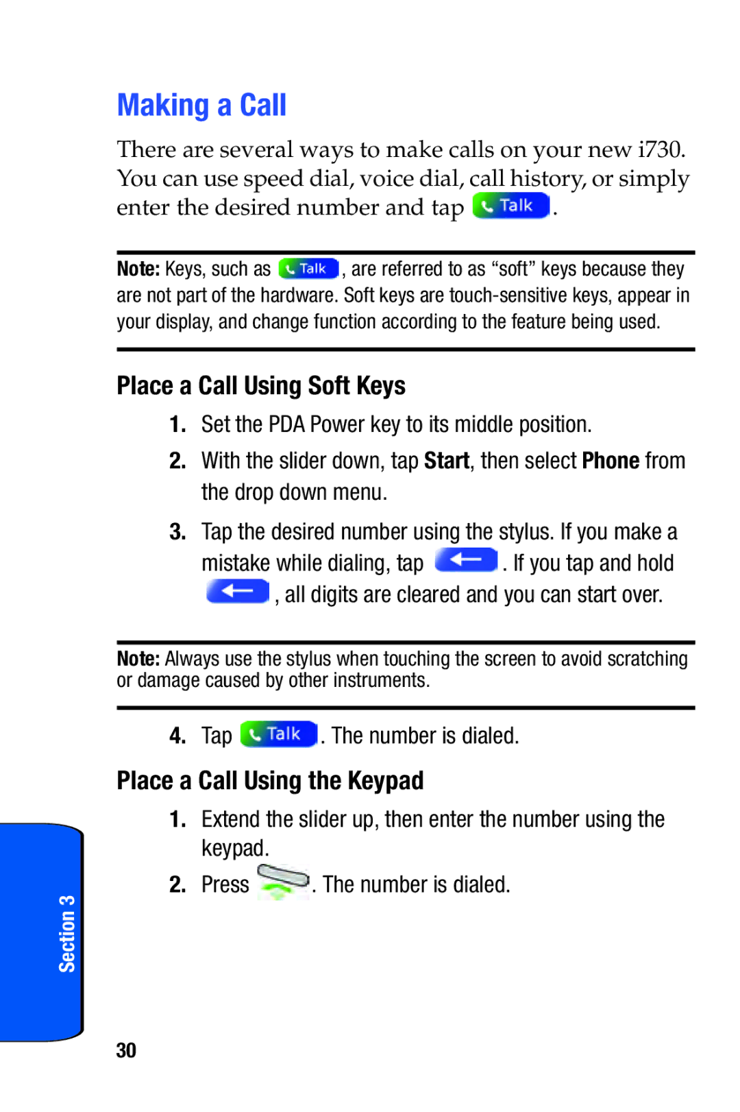 Samsung SCH-i730 Making a Call, Place a Call Using Soft Keys, Place a Call Using the Keypad, Tap . The number is dialed 