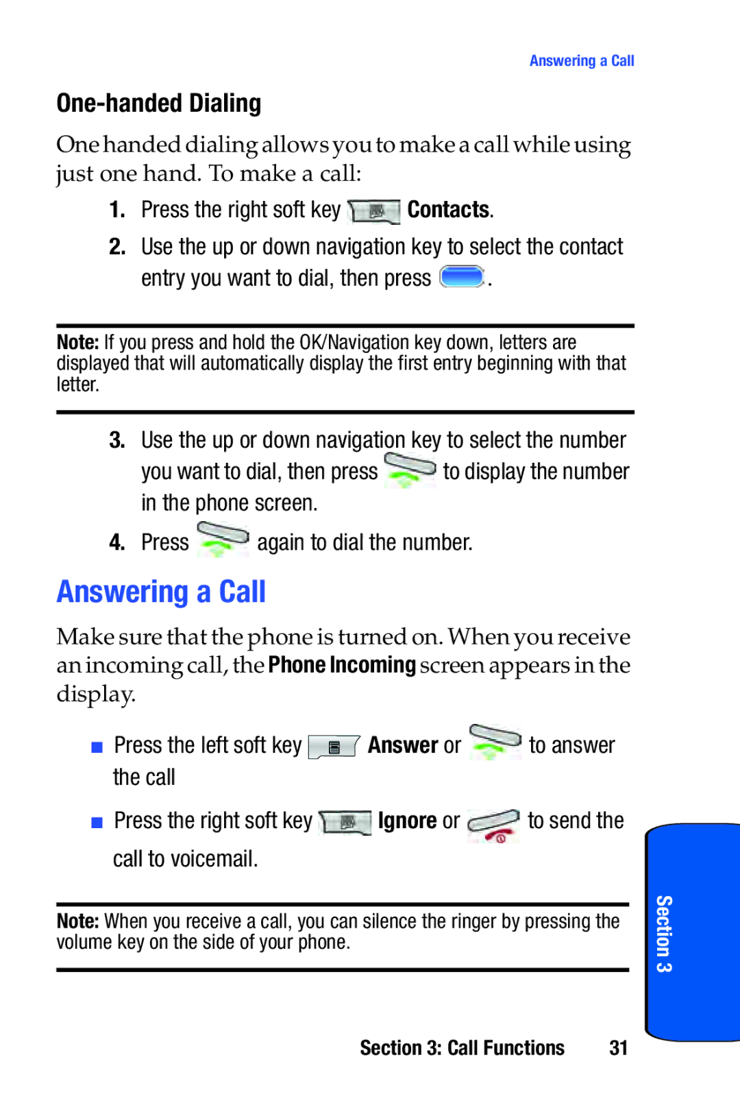 Samsung SCH-i730 manual Answering a Call, One-handed Dialing 