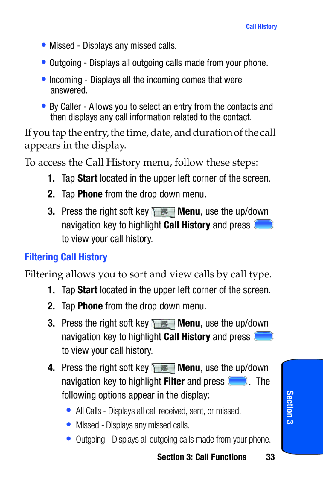 Samsung SCH-i730 manual Tap Phone from the drop down menu, Filtering Call History 