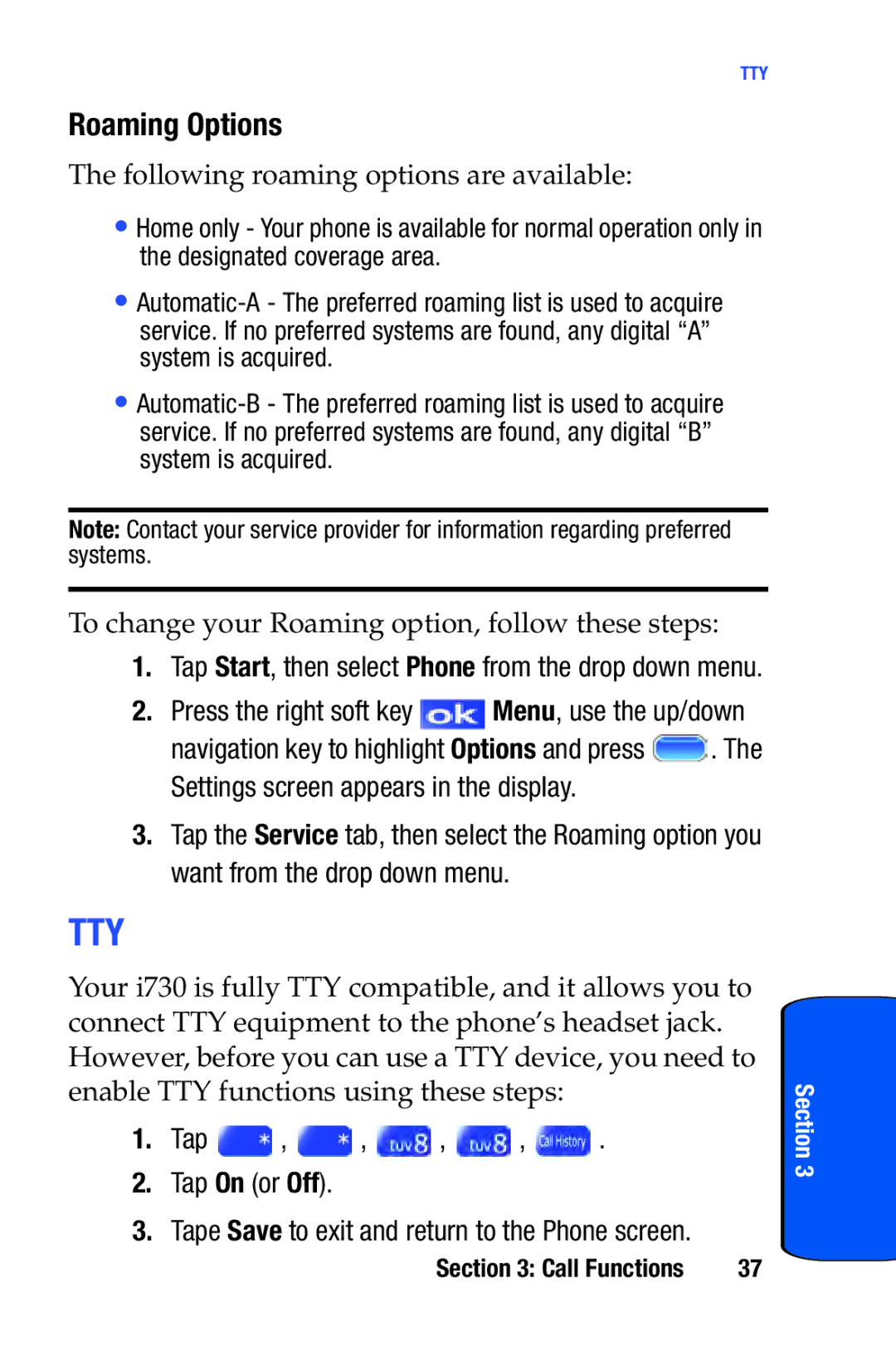 Samsung SCH-i730 manual Roaming Options, Tap Tap On or Off 