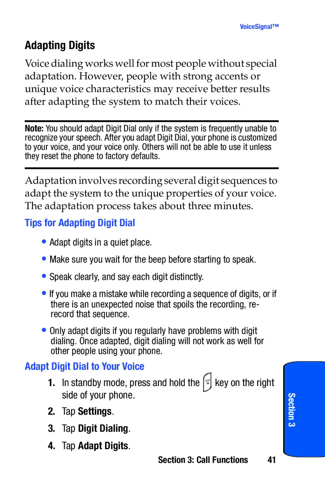 Samsung SCH-i730 manual Adapting Digits, Tips for Adapting Digit Dial, Adapt Digit Dial to Your Voice 