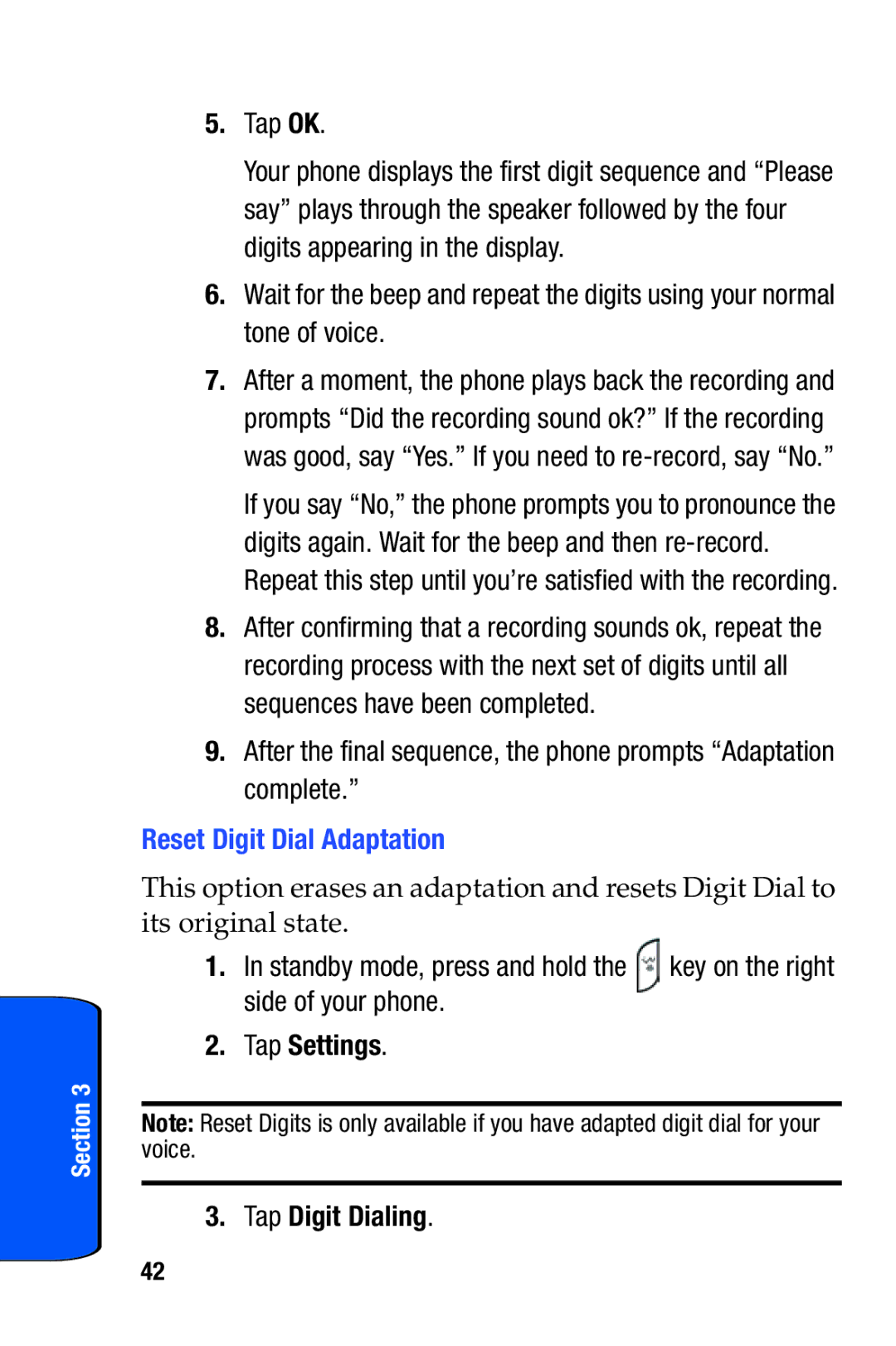 Samsung SCH-i730 manual Tap OK, Reset Digit Dial Adaptation, Tap Settings Tap Digit Dialing 