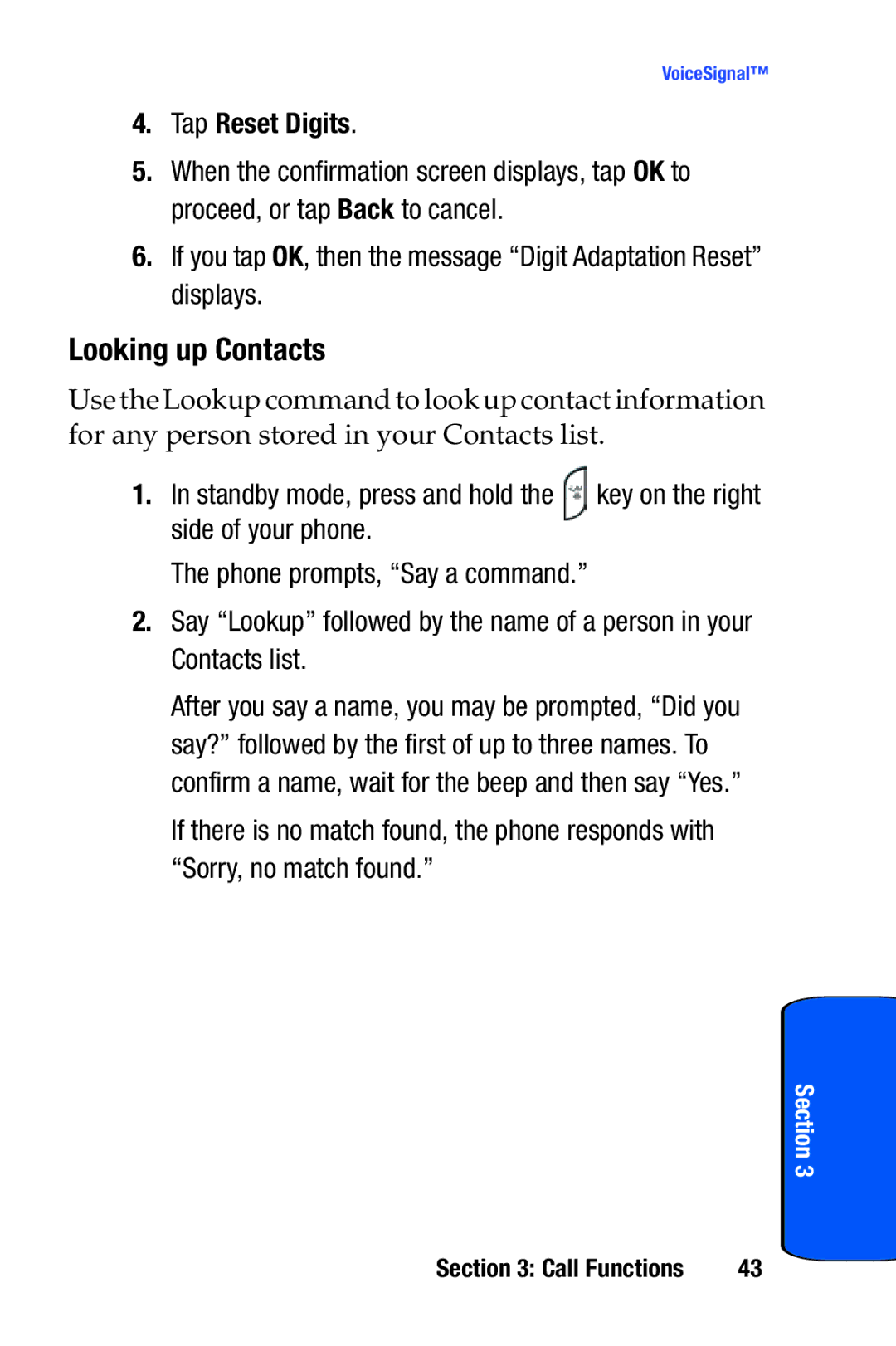 Samsung SCH-i730 manual Looking up Contacts, Tap Reset Digits 