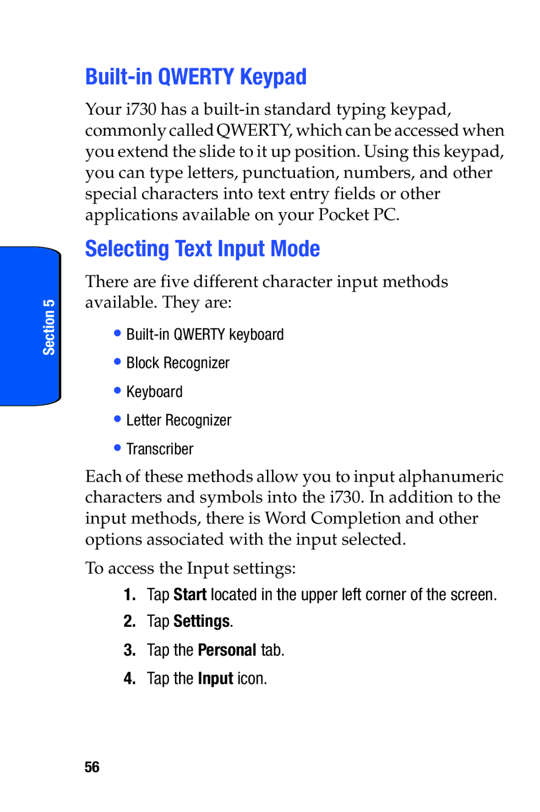 Samsung SCH-i730 manual Built-in Qwerty Keypad, Selecting Text Input Mode, Tap the Personal tab Tap the Input icon 