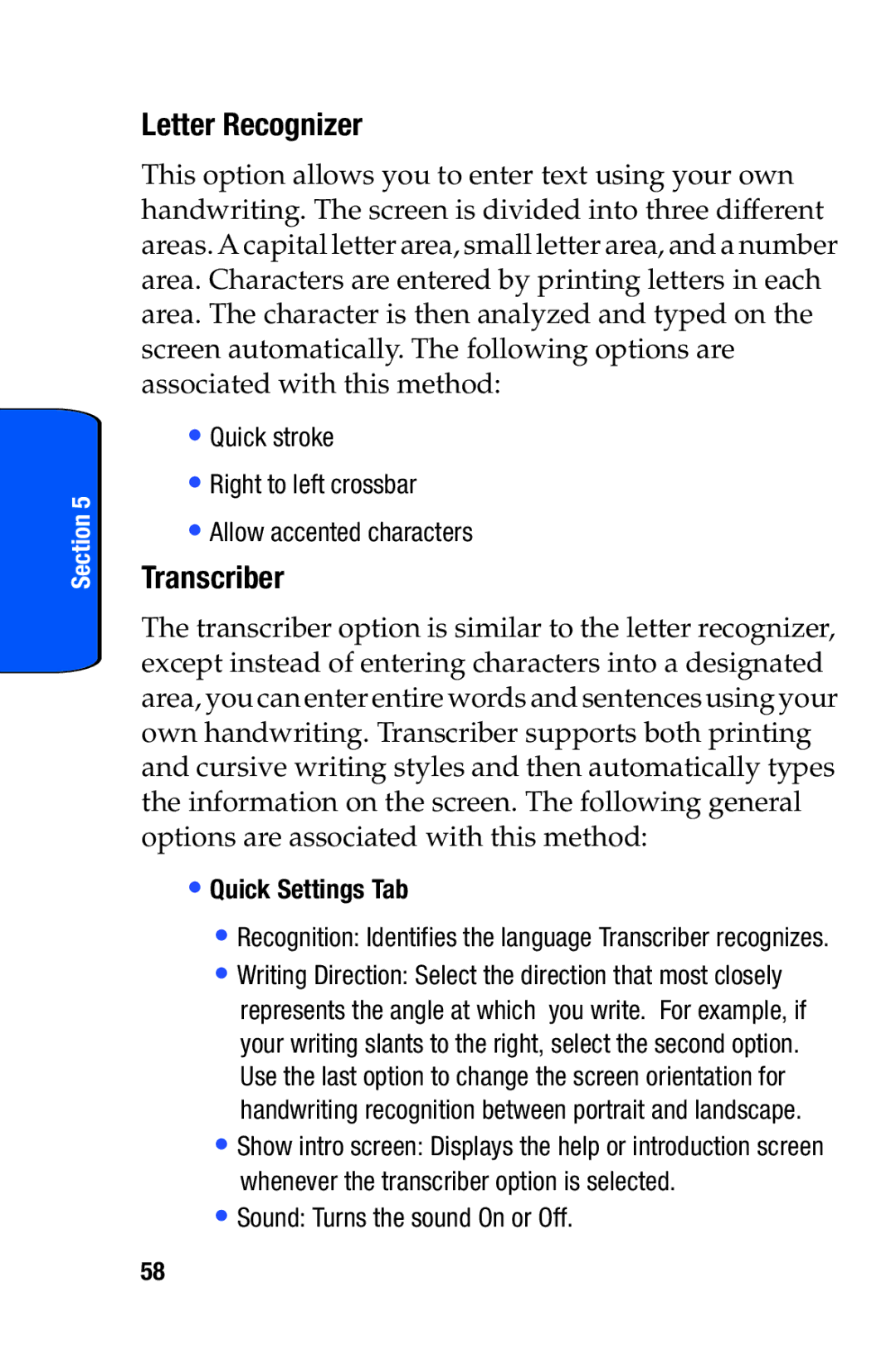 Samsung SCH-i730 manual Letter Recognizer, Transcriber, Quick Settings Tab 