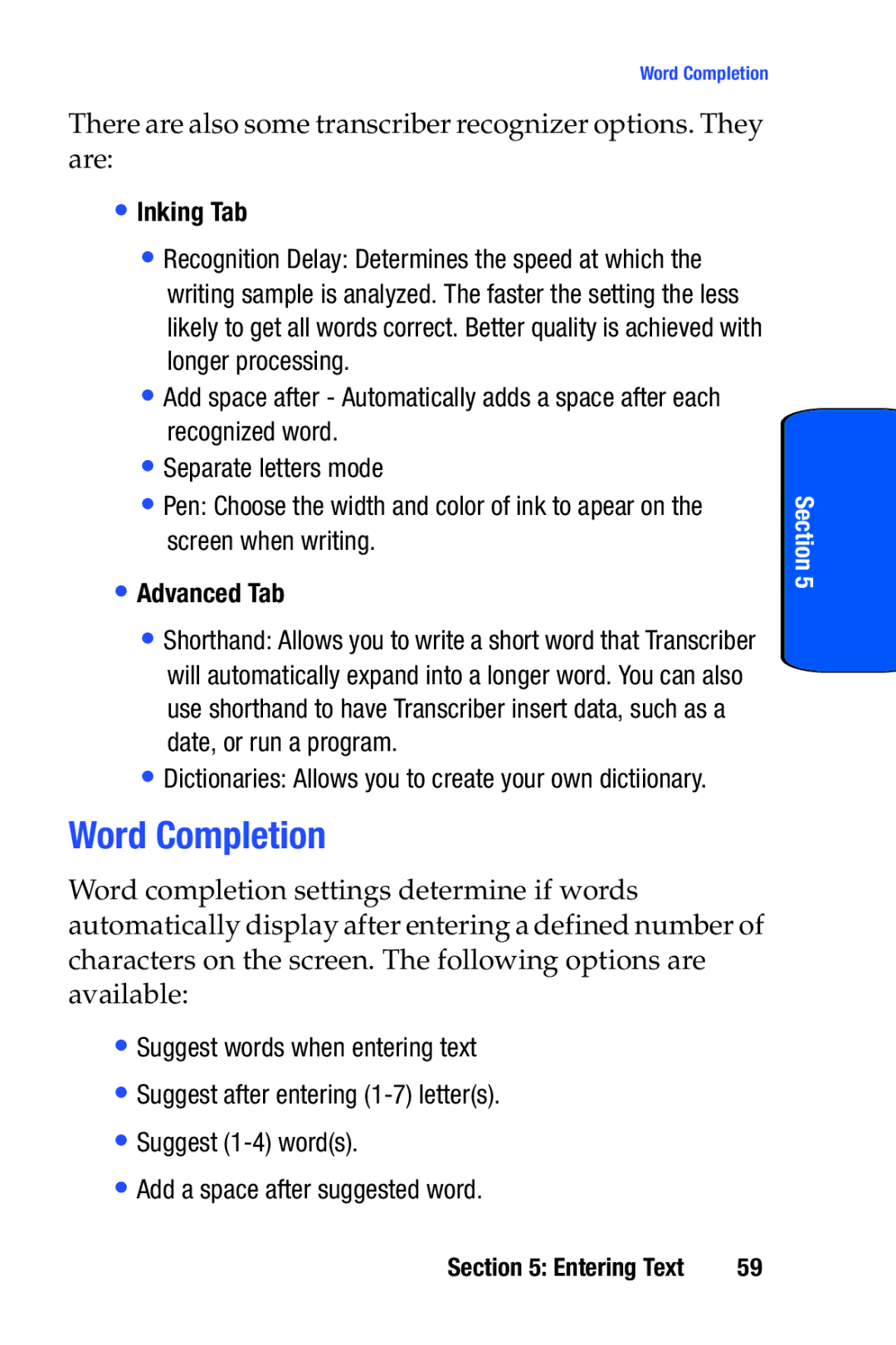 Samsung SCH-i730 manual Word Completion, Inking Tab, Advanced Tab 