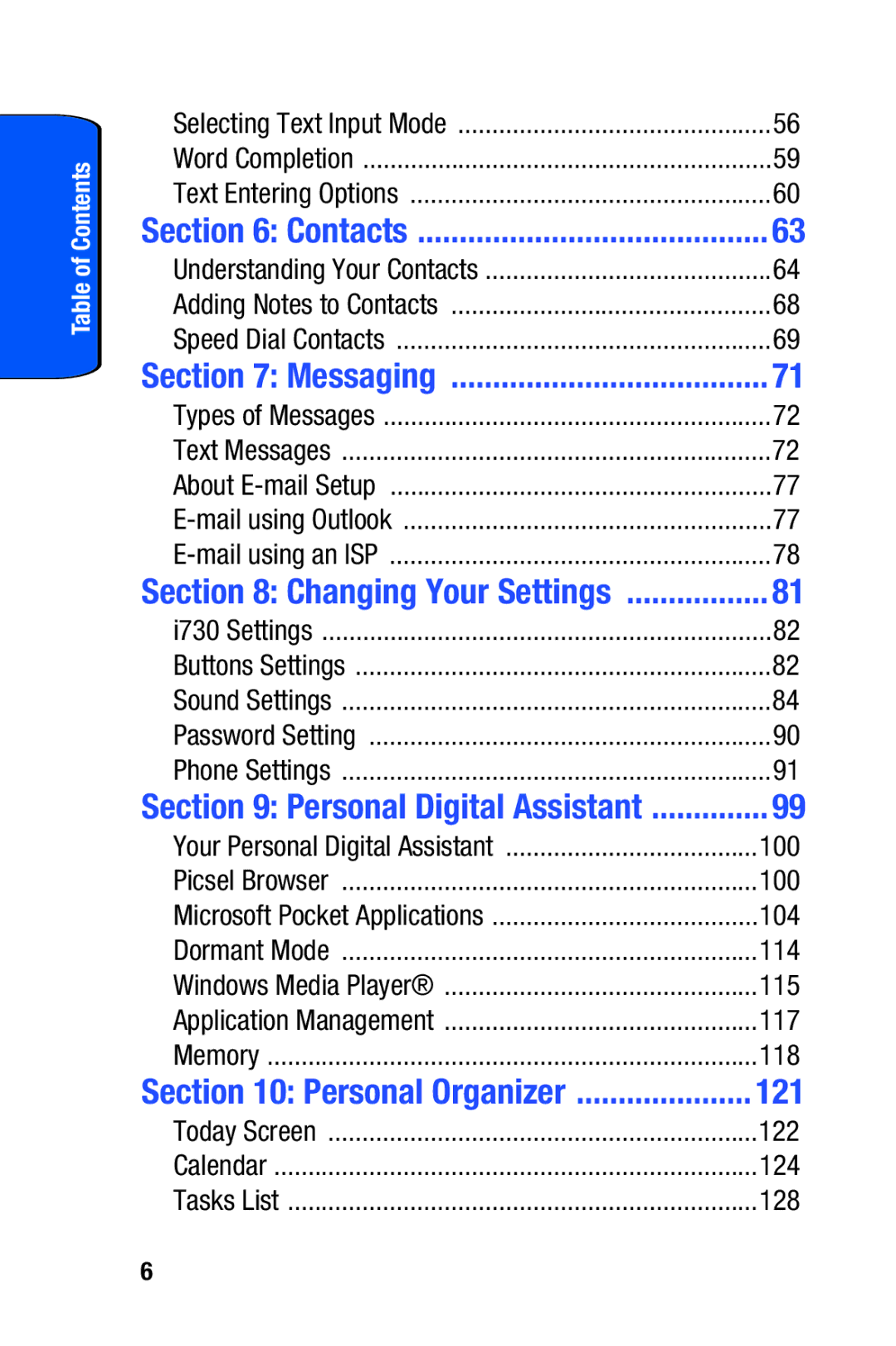 Samsung SCH-i730 manual Contacts, Messaging, Changing Your Settings, Personal Digital Assistant, Personal Organizer 