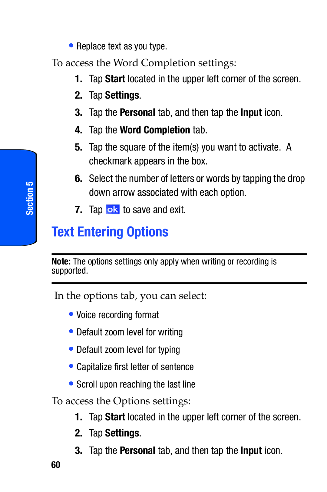 Samsung SCH-i730 Text Entering Options, Tap the Personal tab, and then tap the Input icon, Tap the Word Completion tab 