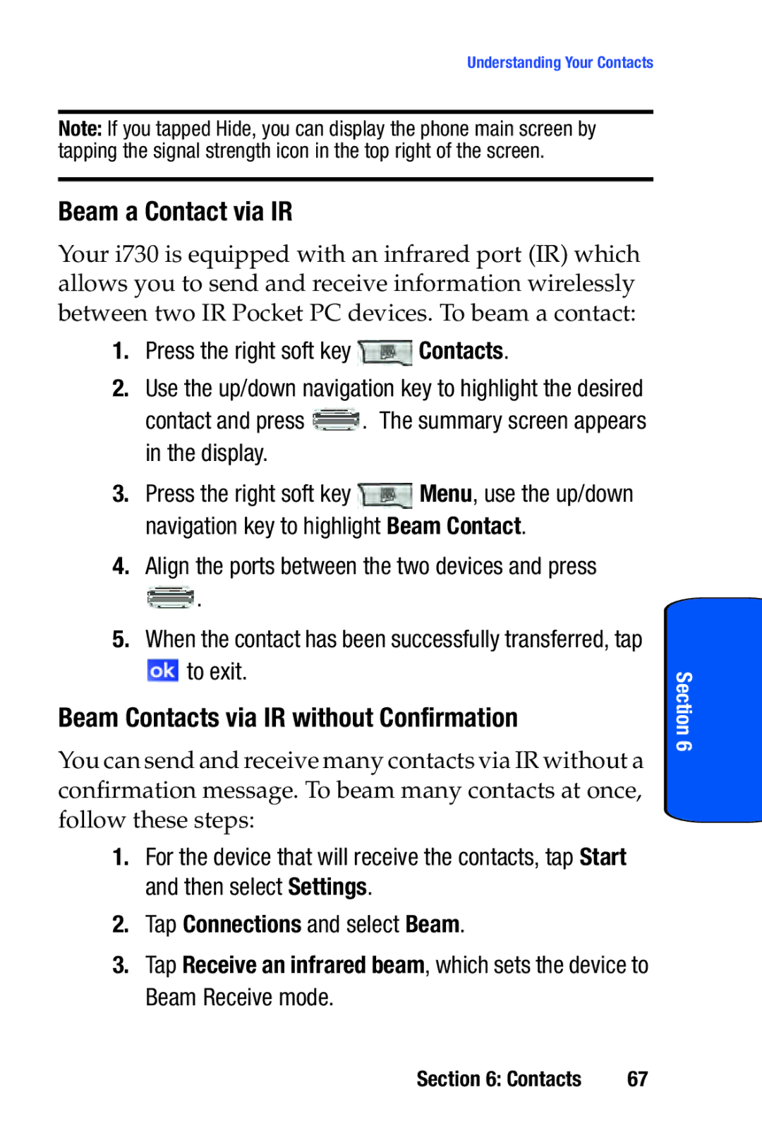 Samsung SCH-i730 manual Beam a Contact via IR, Beam Contacts via IR without Confirmation, To exit 