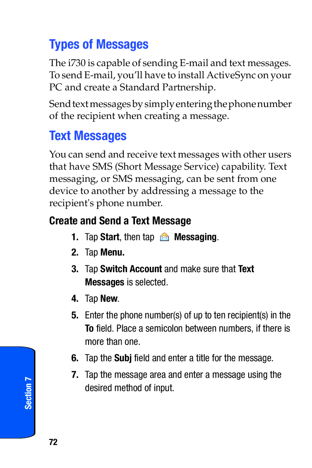 Samsung SCH-i730 Types of Messages, Text Messages, Create and Send a Text Message, Tap Start, then tap Messaging, Tap Menu 