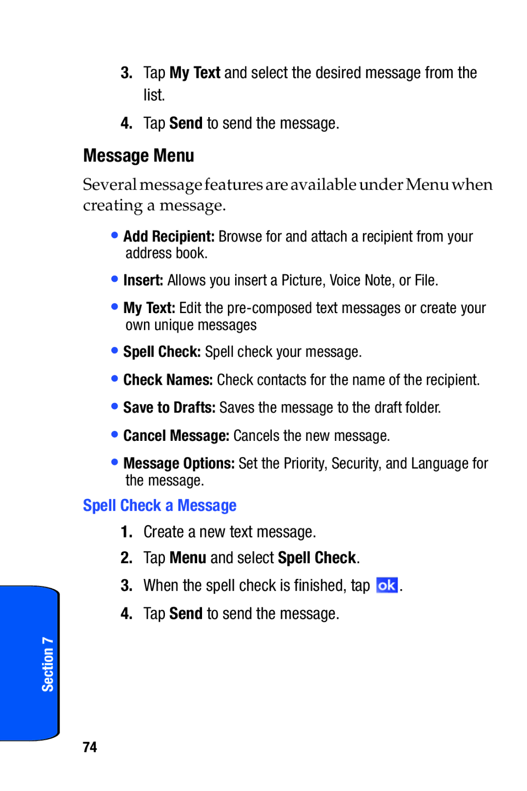 Samsung SCH-i730 manual Message Menu, Spell Check a Message 