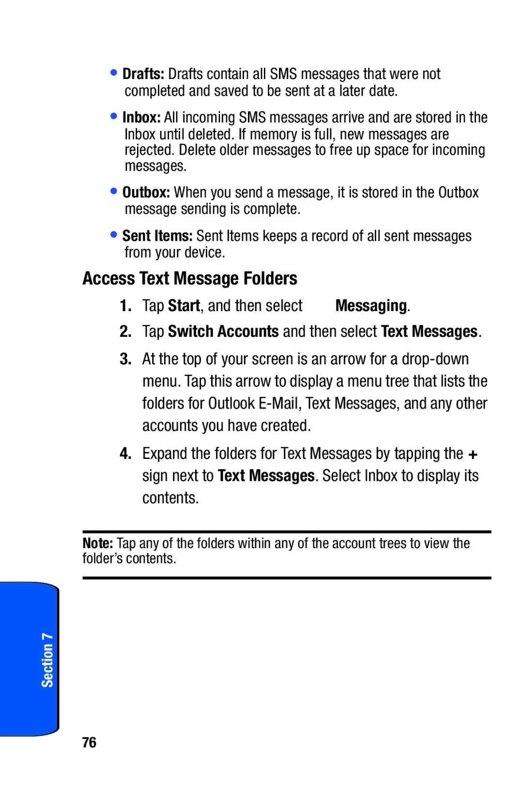 Samsung SCH-i730 manual Access Text Message Folders, Tap Start, and then select Messaging 