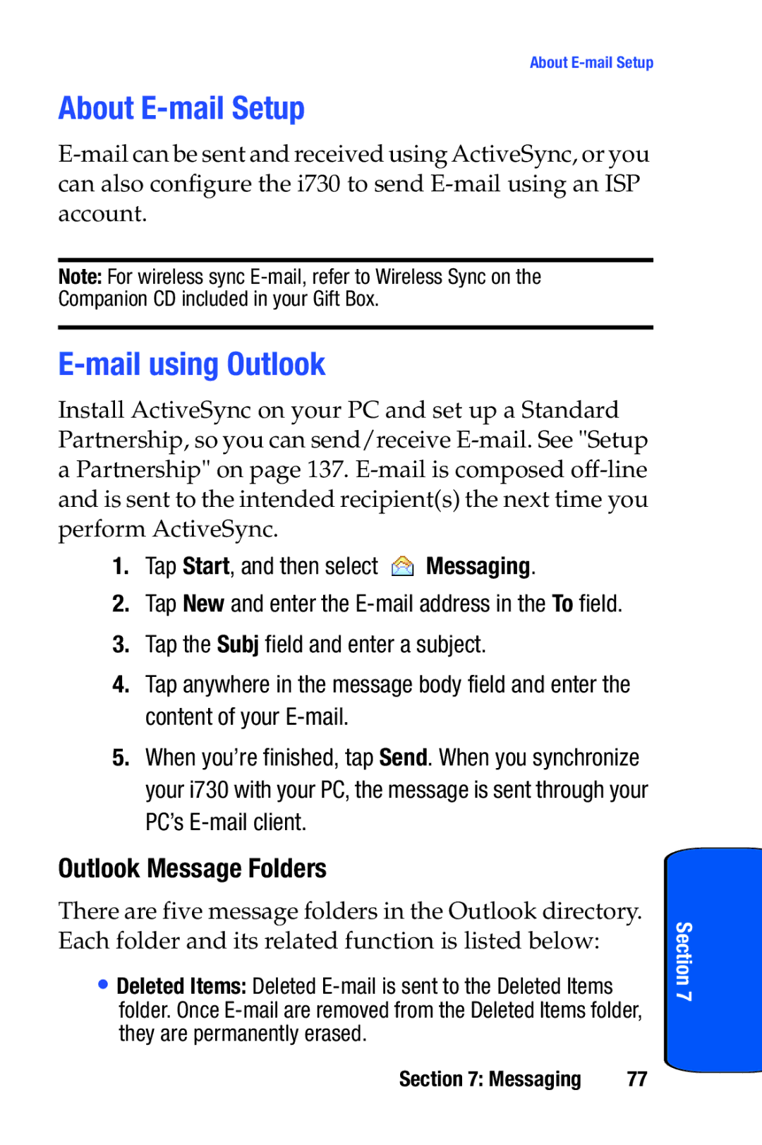 Samsung SCH-i730 manual About E-mail Setup, Mail using Outlook, Outlook Message Folders 