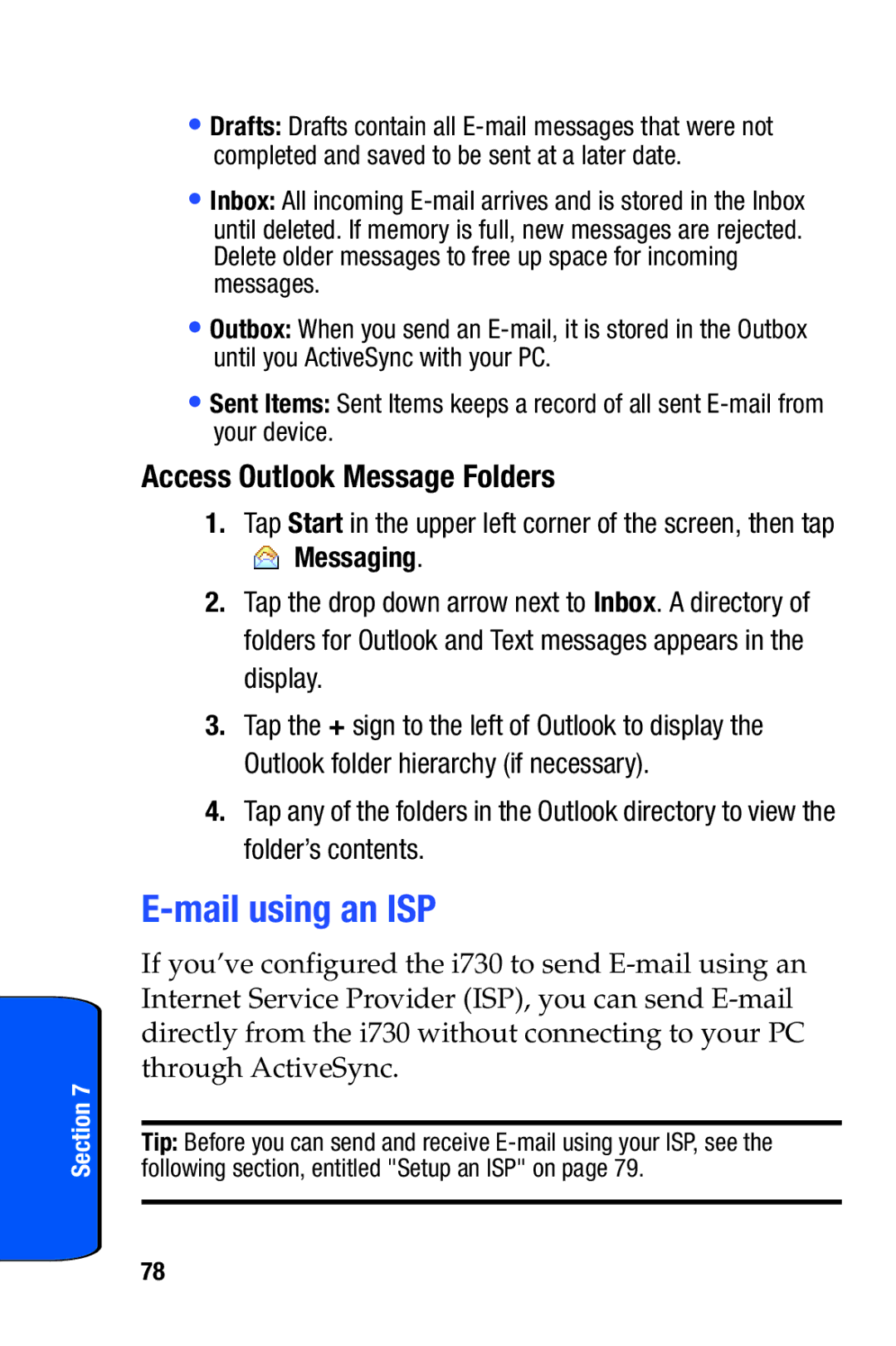 Samsung SCH-i730 manual Mail using an ISP, Access Outlook Message Folders, Messaging 