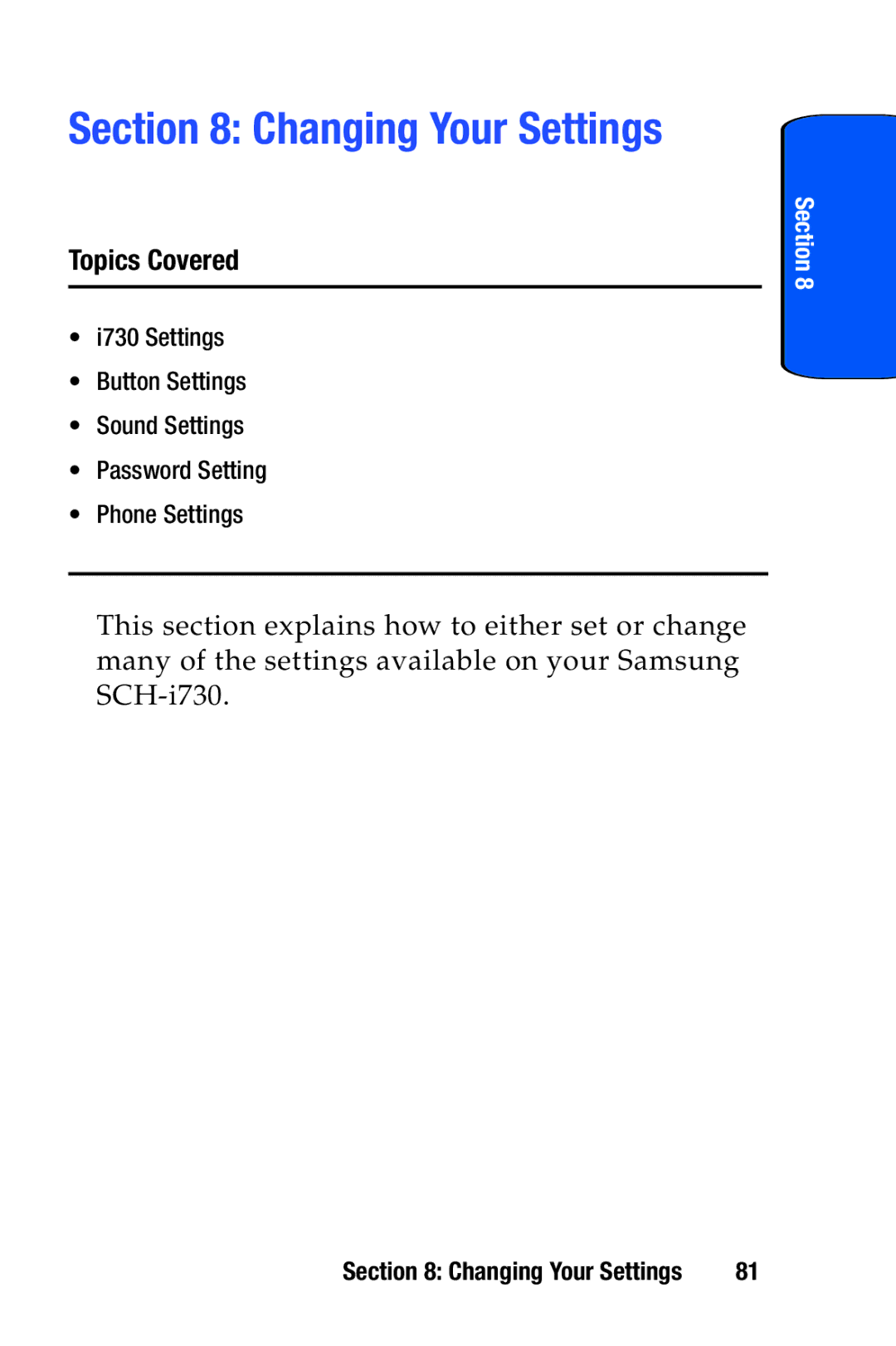 Samsung SCH-i730 manual Changing Your Settings 