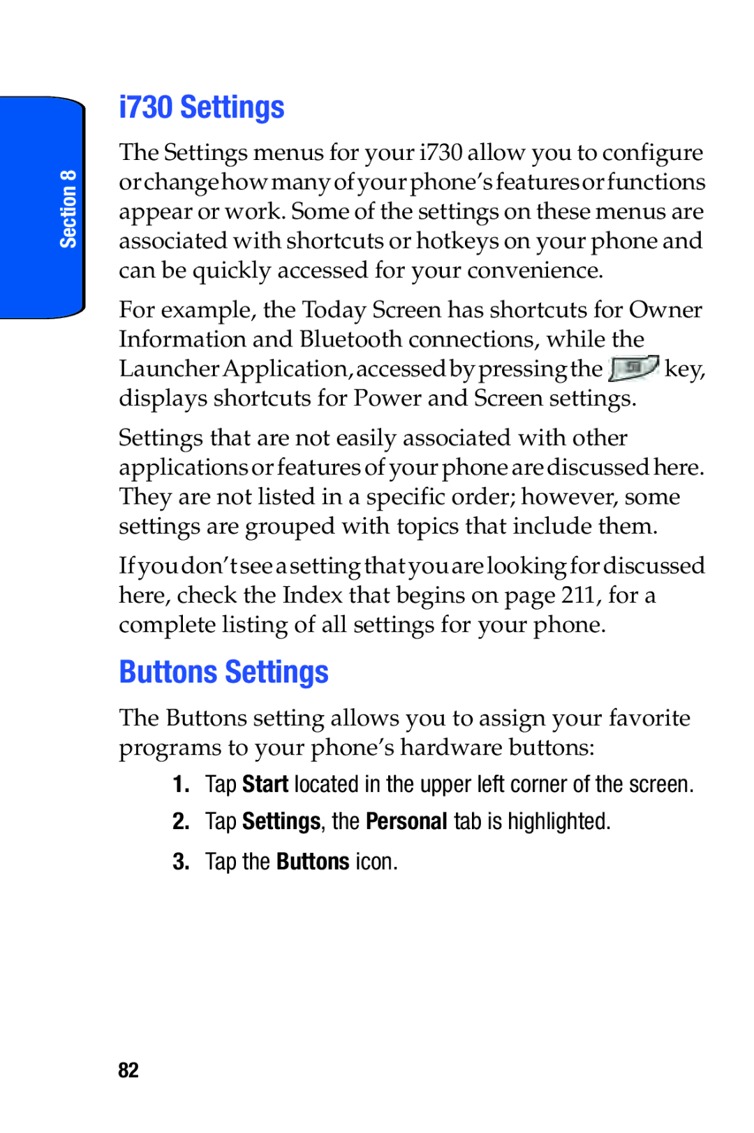 Samsung SCH-i730 manual I730 Settings, Buttons Settings 