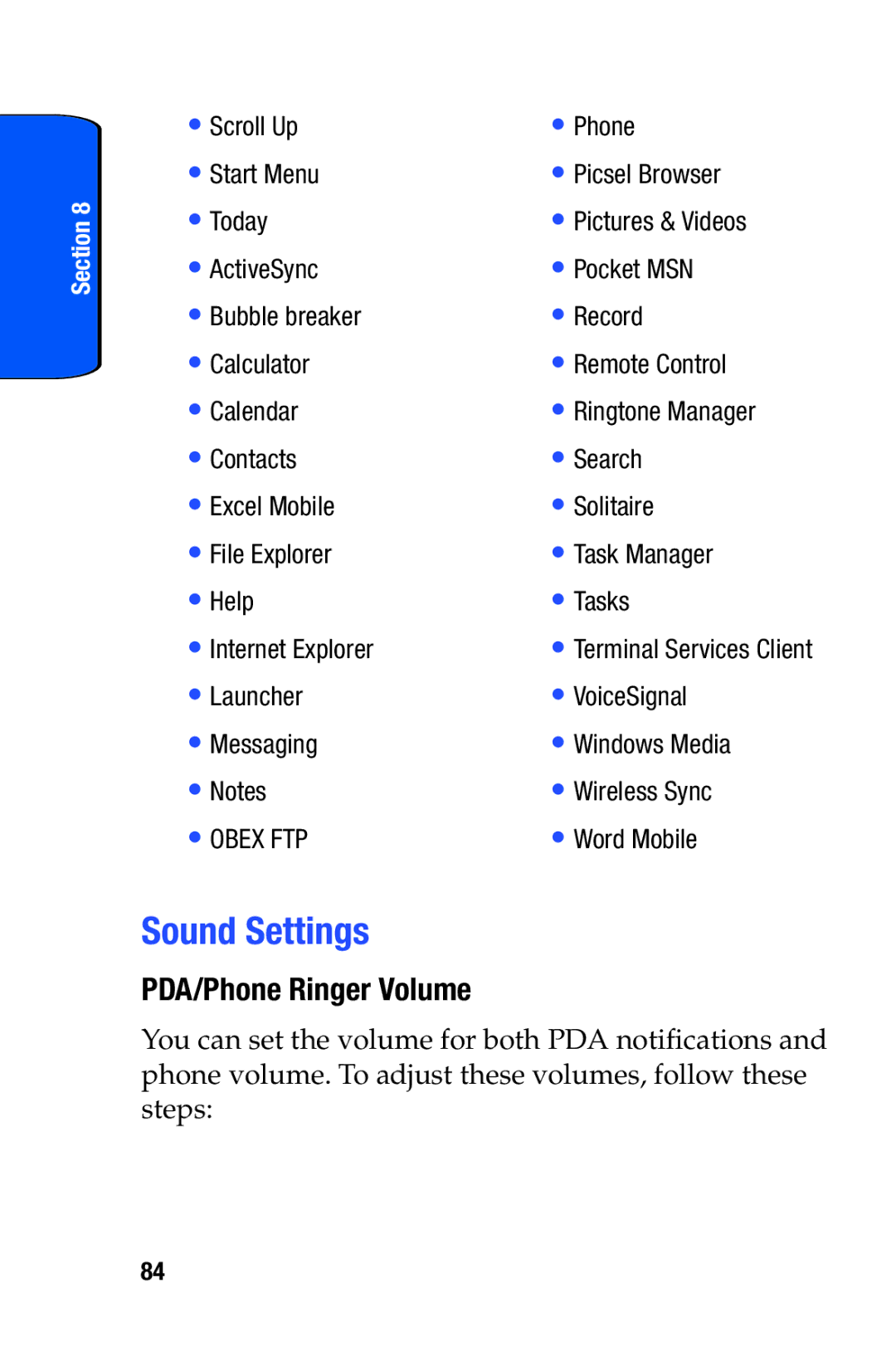 Samsung SCH-i730 manual Sound Settings, PDA/Phone Ringer Volume 