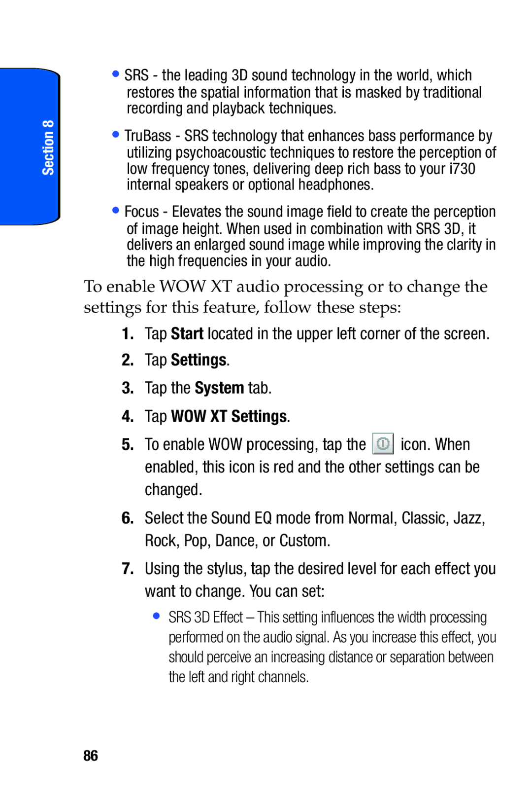 Samsung SCH-i730 manual Tap the System tab, Tap WOW XT Settings 