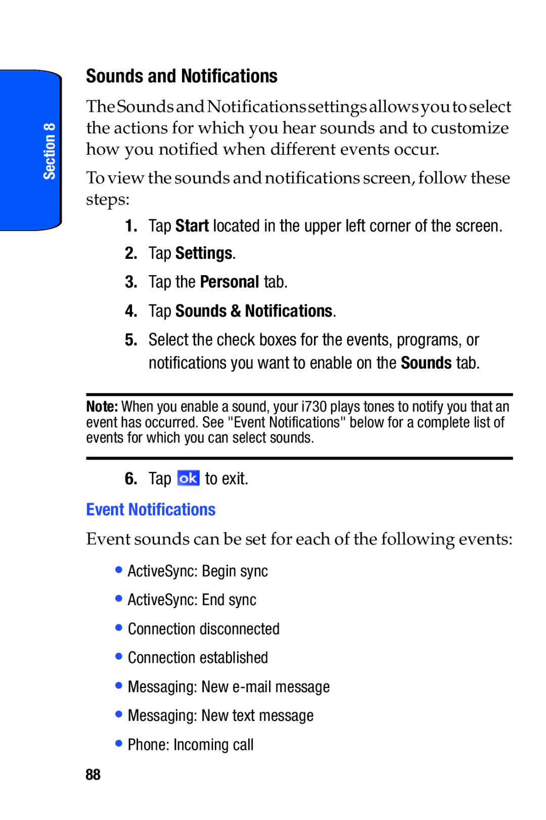 Samsung SCH-i730 manual Sounds and Notifications, Tap the Personal tab, Tap Sounds & Notifications, Event Notifications 