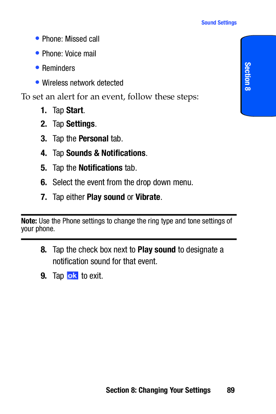 Samsung SCH-i730 Tap Start, Tap Sounds & Notifications Tap the Notifications tab, Select the event from the drop down menu 