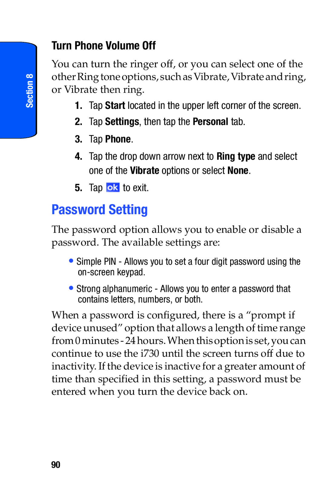 Samsung SCH-i730 manual Password Setting, Turn Phone Volume Off, Tap Settings, then tap the Personal tab Tap Phone 