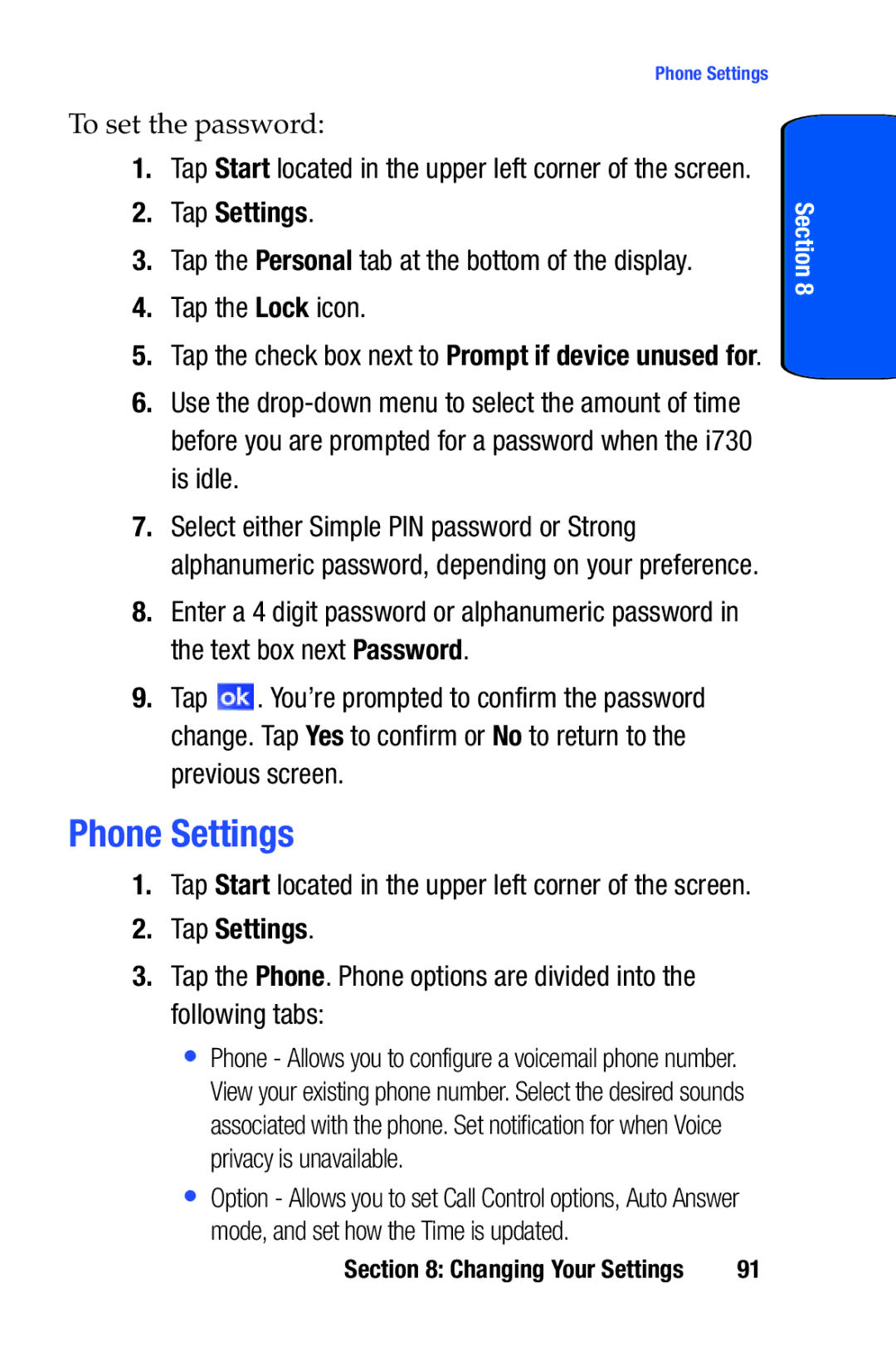 Samsung SCH-i730 manual Phone Settings, Tap the Lock icon 