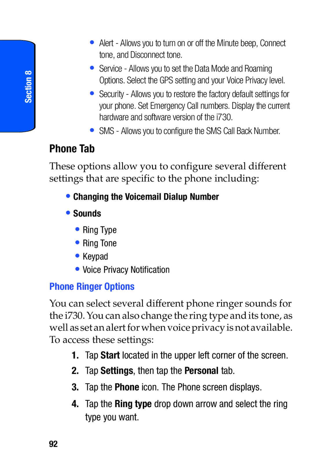 Samsung SCH-i730 manual Phone Tab, Phone Ringer Options, Changing the Voicemail Dialup Number Sounds 