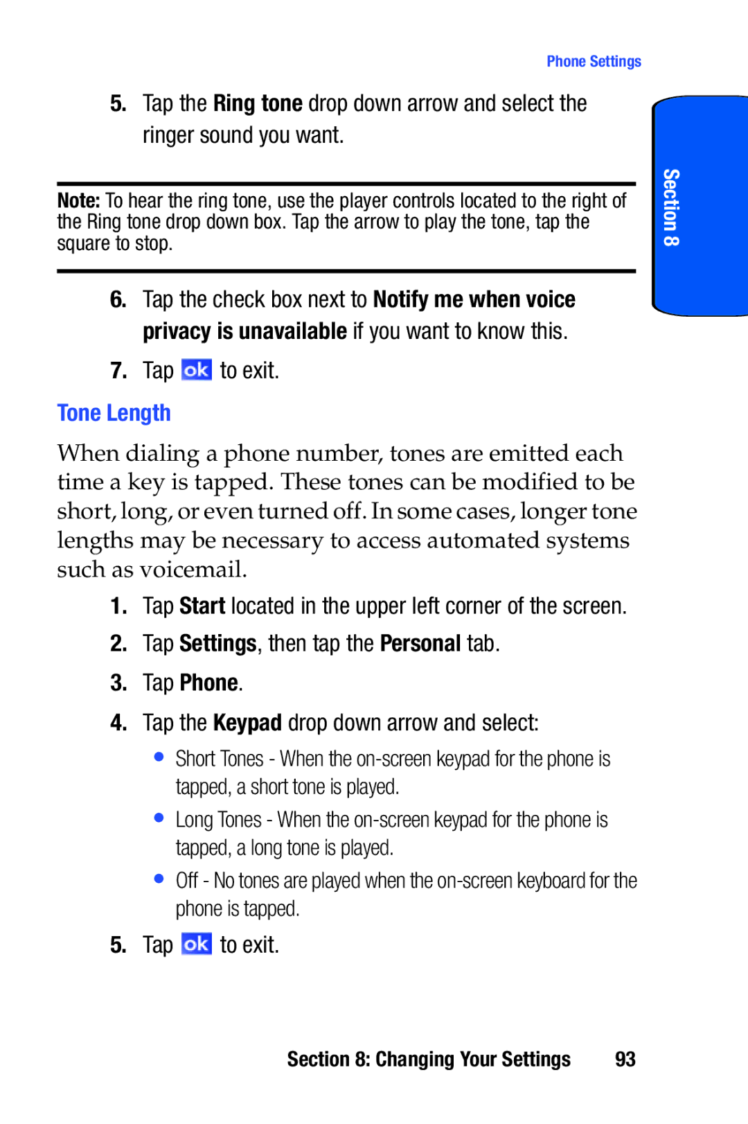 Samsung SCH-i730 manual Tap to exit, Tone Length 