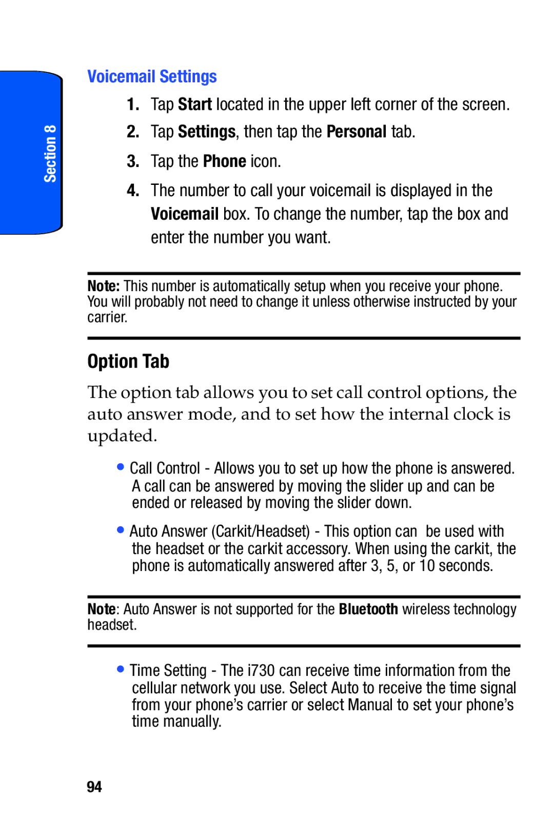 Samsung SCH-i730 manual Option Tab, Voicemail Settings, Tap Settings, then tap the Personal tab Tap the Phone icon 