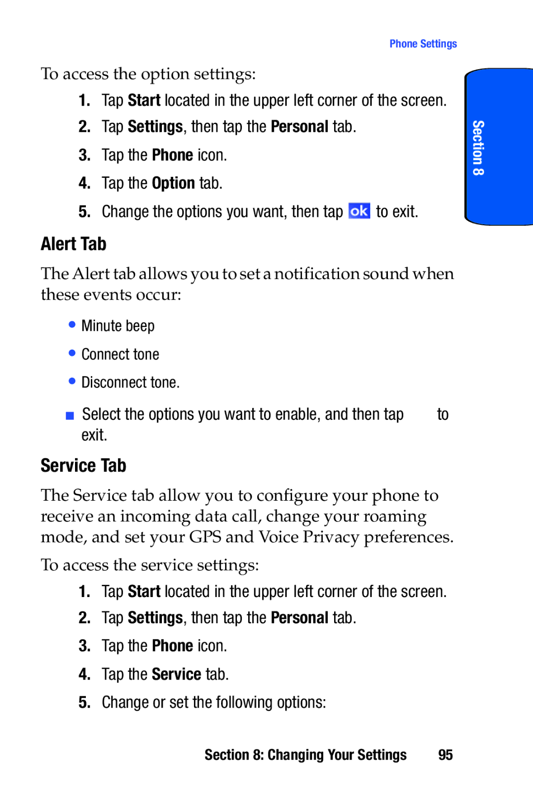 Samsung SCH-i730 manual Alert Tab, Service Tab, Select the options you want to enable, and then tap to exit 