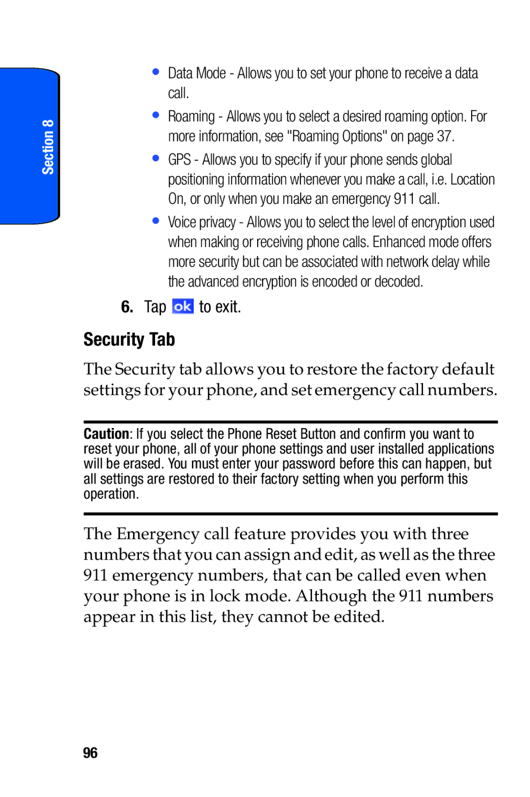 Samsung SCH-i730 manual Security Tab, Tap to exit 