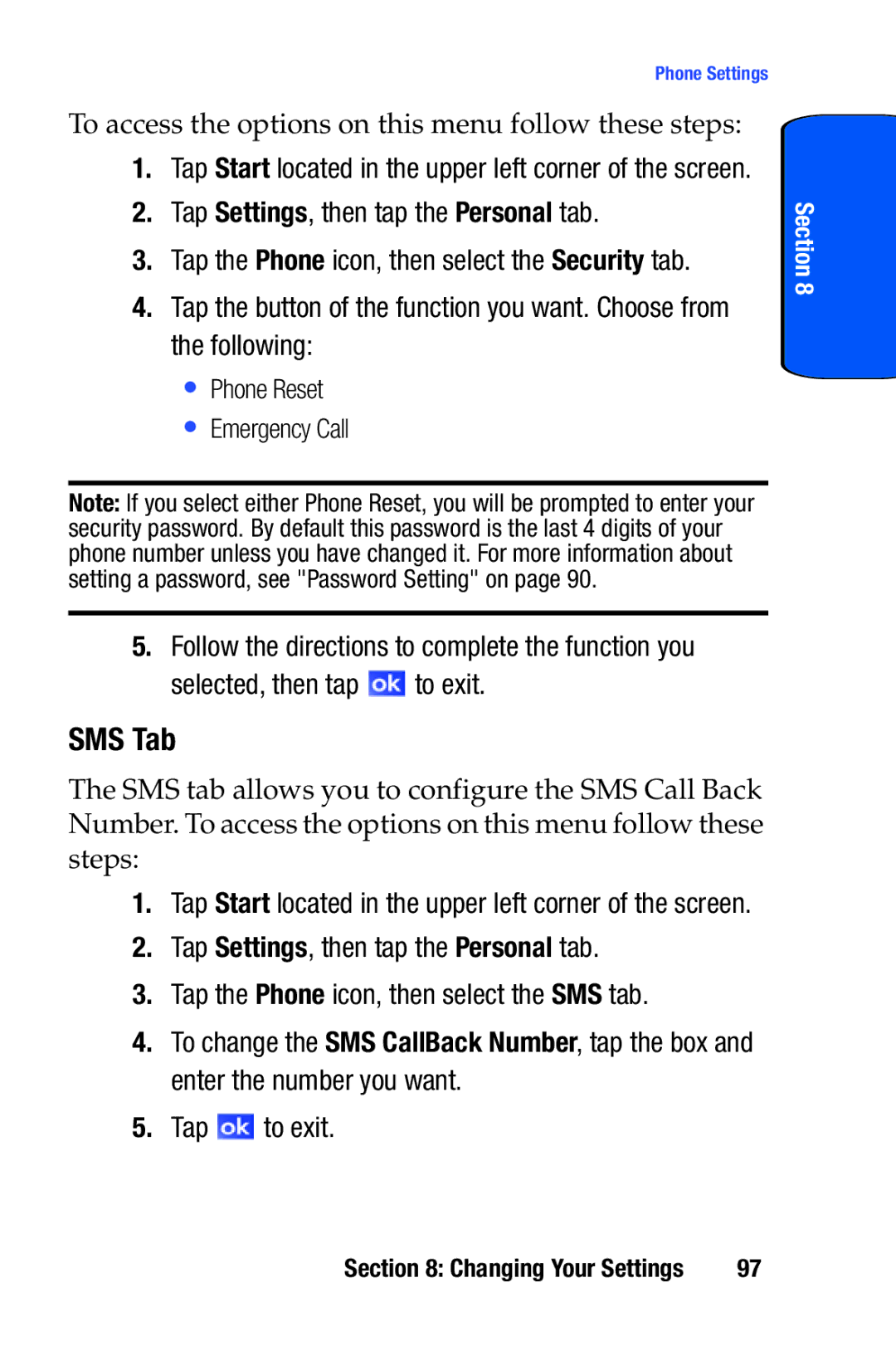 Samsung SCH-i730 manual SMS Tab, Tap Settings, then tap the Personal tab 