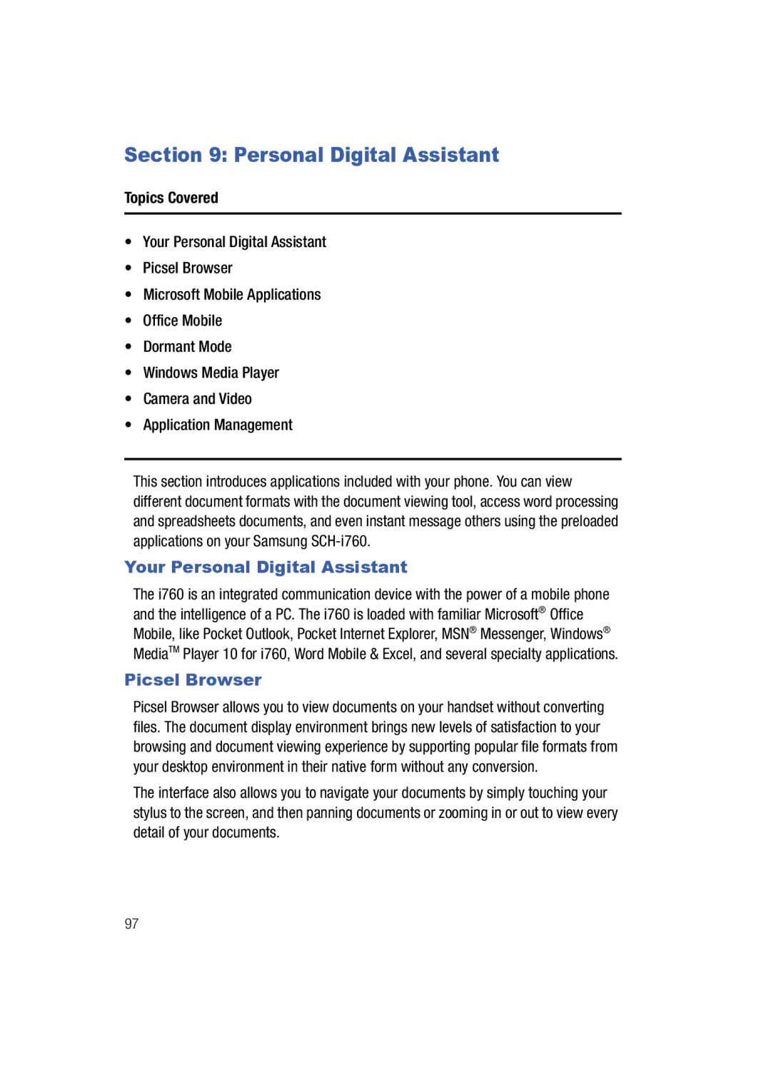 Samsung SCH-i760 user manual Your Personal Digital Assistant, Picsel Browser 