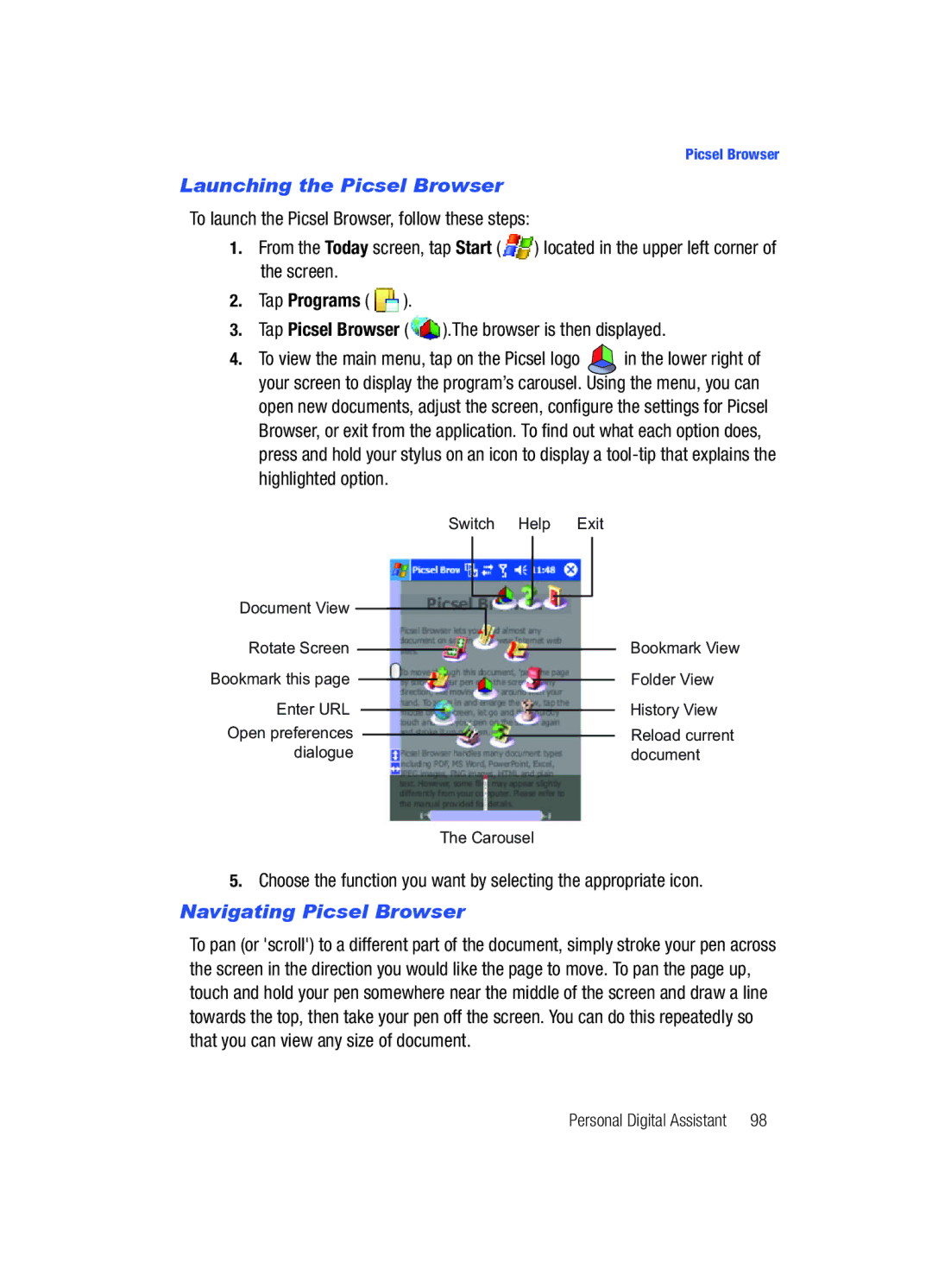 Samsung SCH-i760 user manual Launching the Picsel Browser, Tap Programs, Tap Picsel Browser .The browser is then displayed 