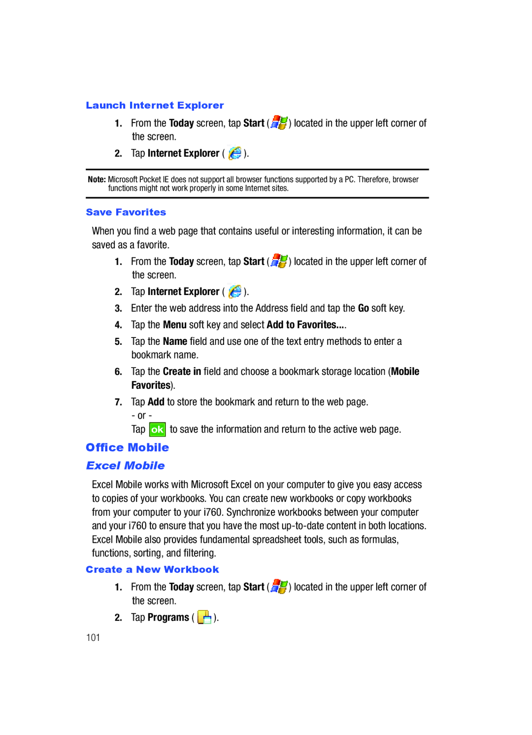 Samsung SCH-i760 user manual Office Mobile, Tap Internet Explorer, Excel Mobile 