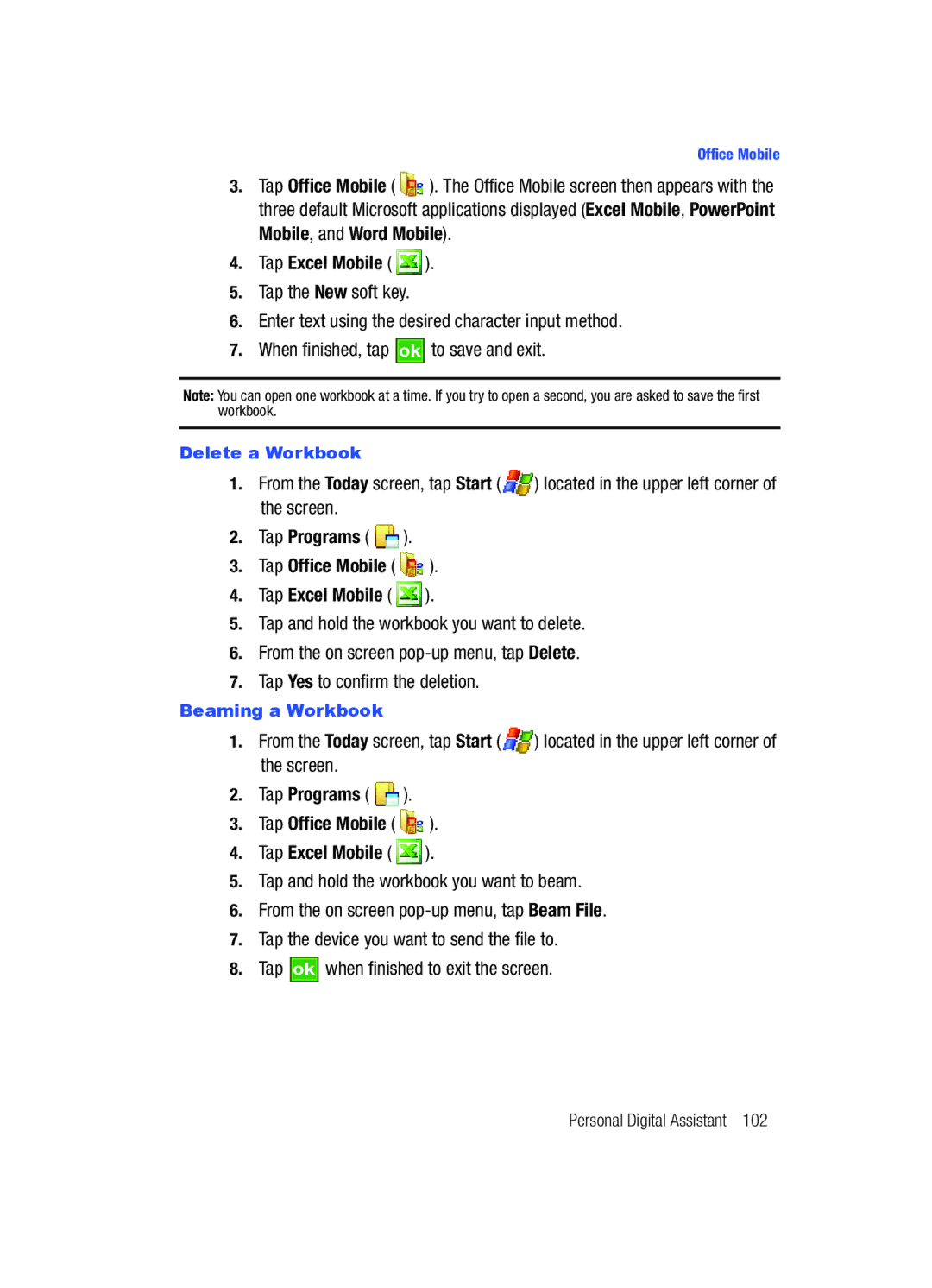 Samsung SCH-i760 user manual Mobile, and Word Mobile Tap Excel Mobile, Office Mobile 