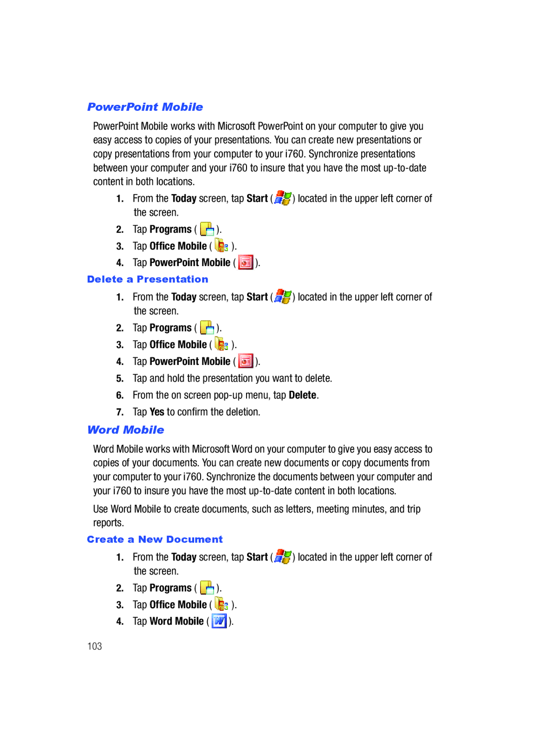 Samsung SCH-i760 user manual Tap Programs Tap Office Mobile Tap PowerPoint Mobile, Word Mobile 