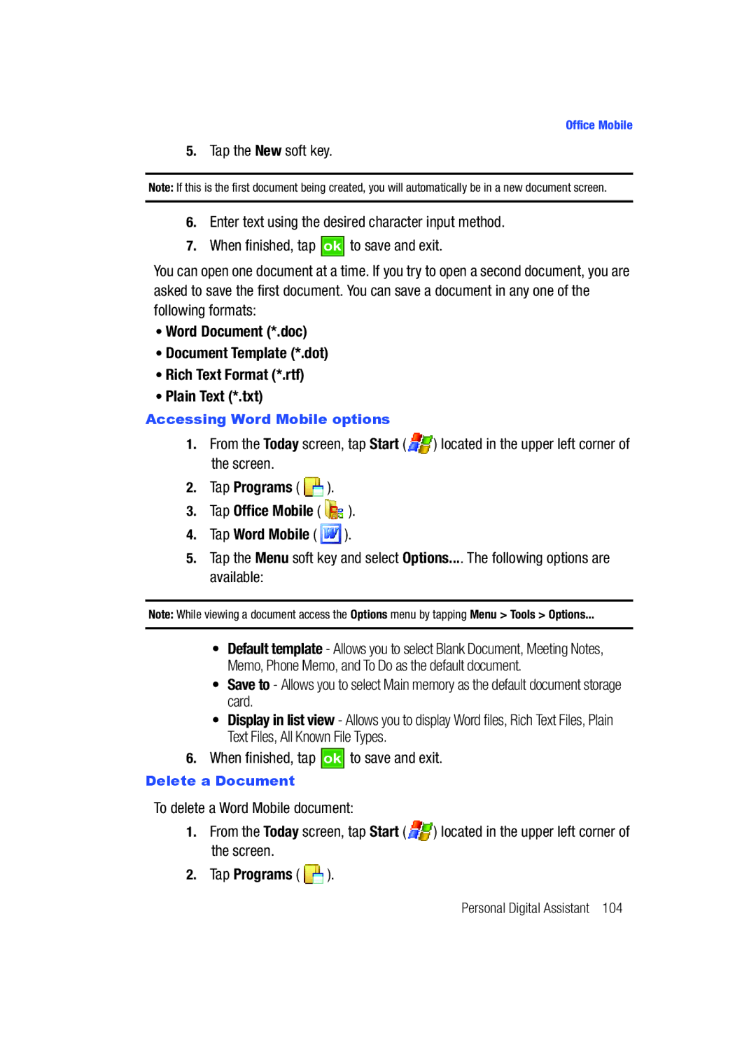 Samsung SCH-i760 user manual Accessing Word Mobile options 