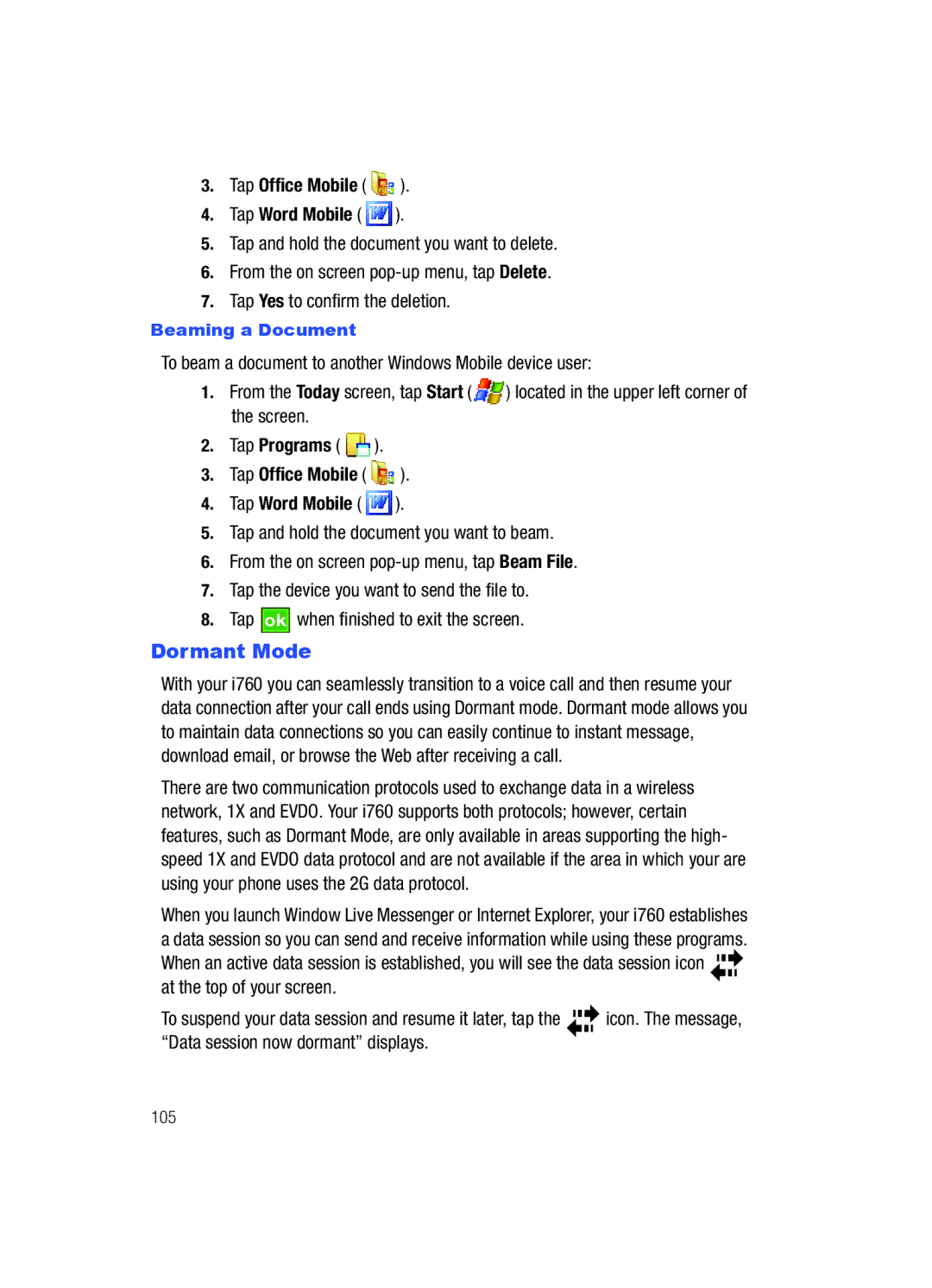 Samsung SCH-i760 user manual Dormant Mode, Tap Office Mobile Tap Word Mobile, Data session now dormant displays 