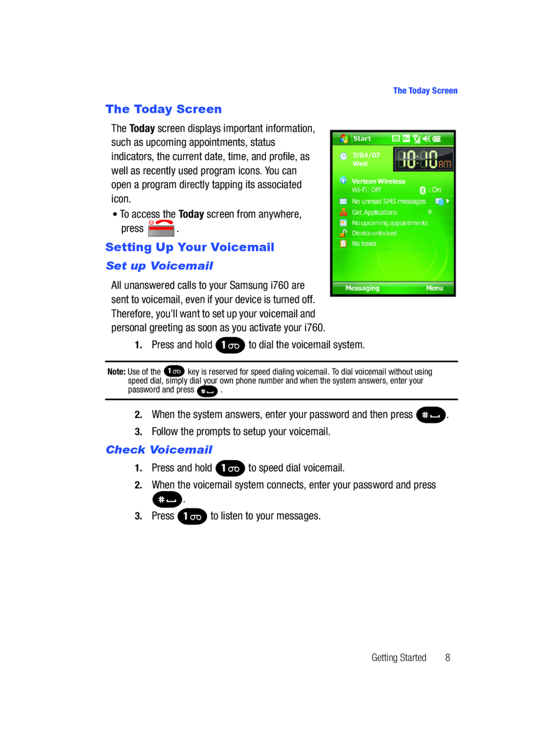 Samsung SCH-i760 user manual Today Screen, Setting Up Your Voicemail, Set up Voicemail, Check Voicemail 