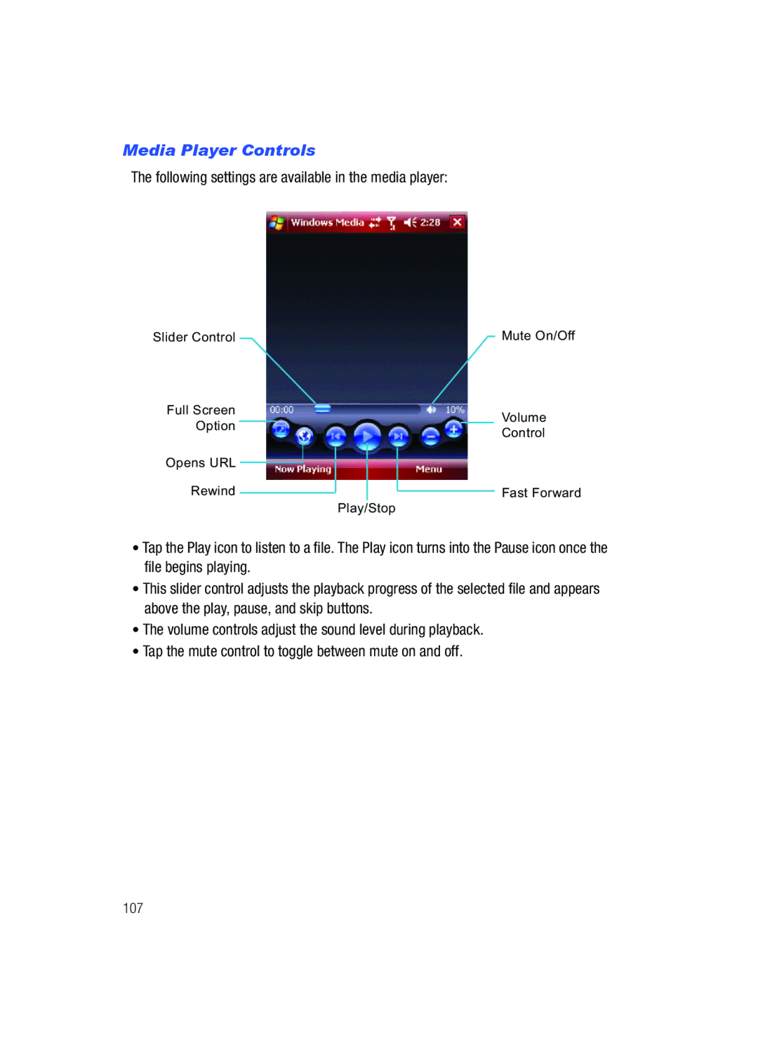 Samsung SCH-i760 user manual Media Player Controls, Following settings are available in the media player 